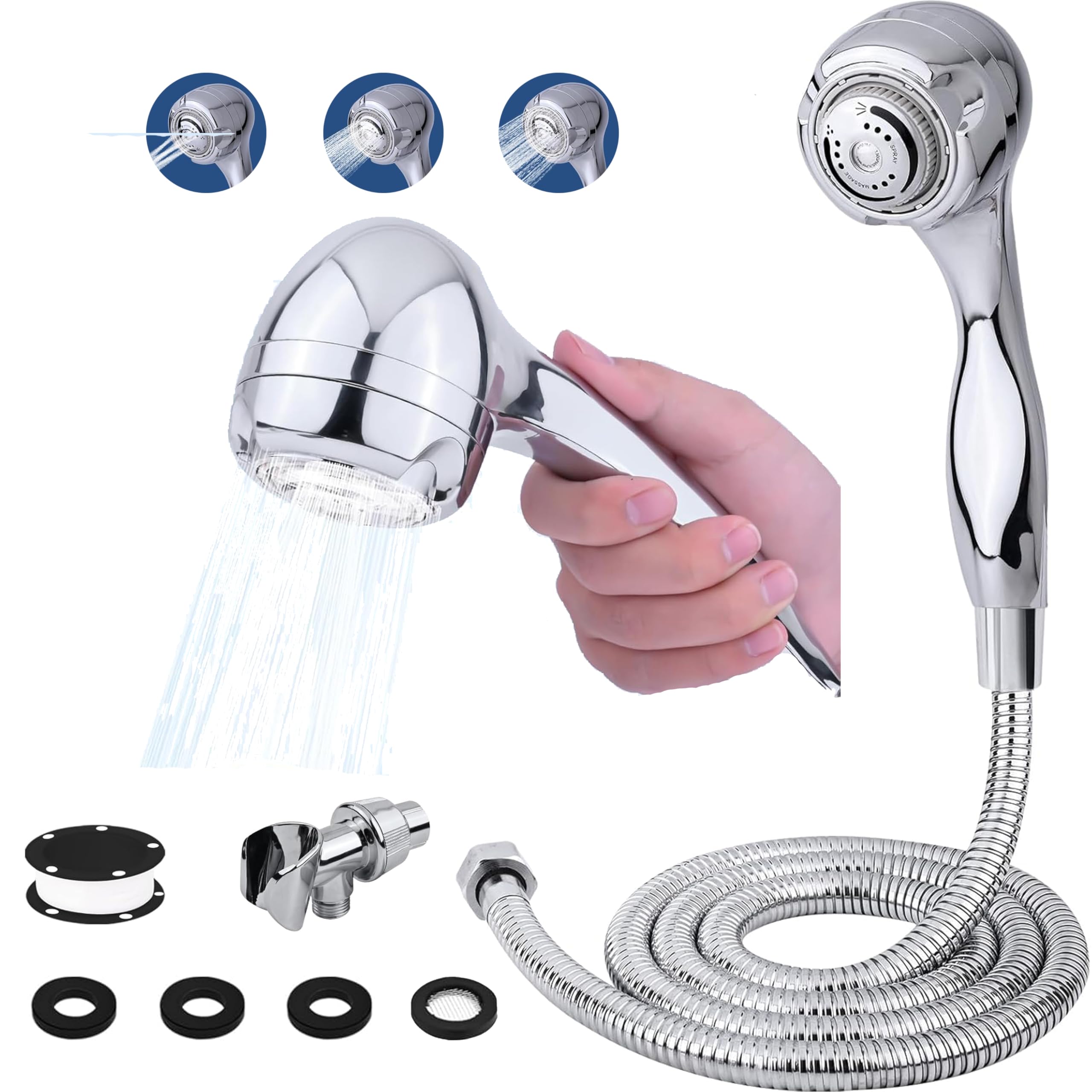 Shower Heads with Handheld Spray Combo 3-Mode High Pressure Hand Held Showerheads Set 79 Inch Rotatable Stainless Steel Hose, Adjustable Bracket, Teflon Tape Rubber Washers