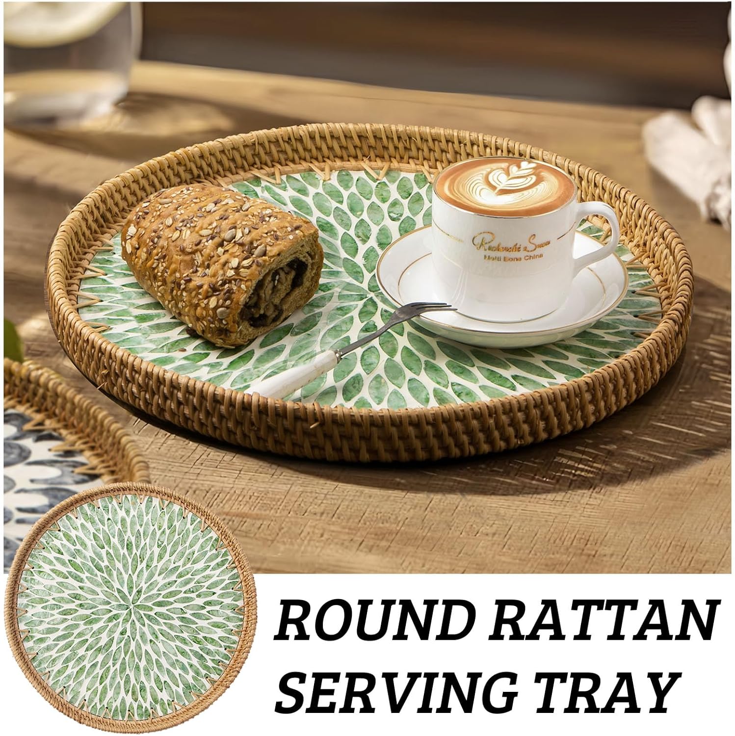 Round Rattan Tray with Mother of Pearl Inlay