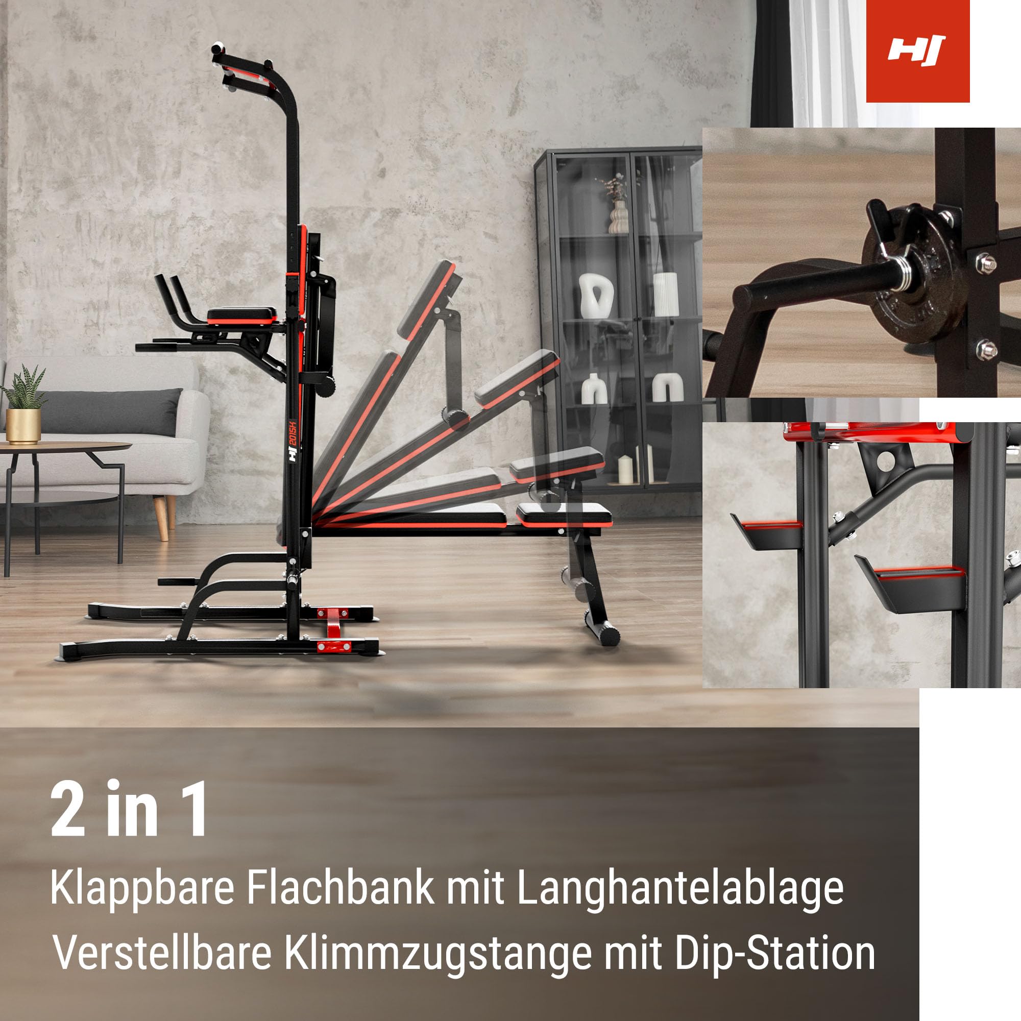 Hop-Sport Power Tower mit Klimmzugstange, Hantelbank & Dip-Station, Fitnessgerät für Zuhause, Calisthenics und Krafttraining, Freistehend, 150 kg Max. Belastbarkeit