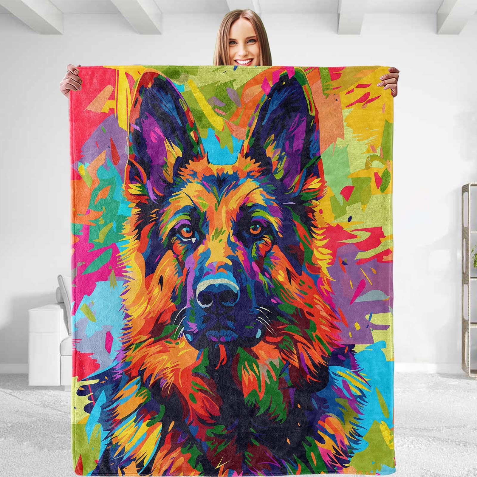 Vibrant German Shepherd Throw Blanket - Soft Plush, Lightweight, Warm, Fuzzy Anti-Pilling Flannel Blanket for Bedroom, Couch, Office, Travel Home