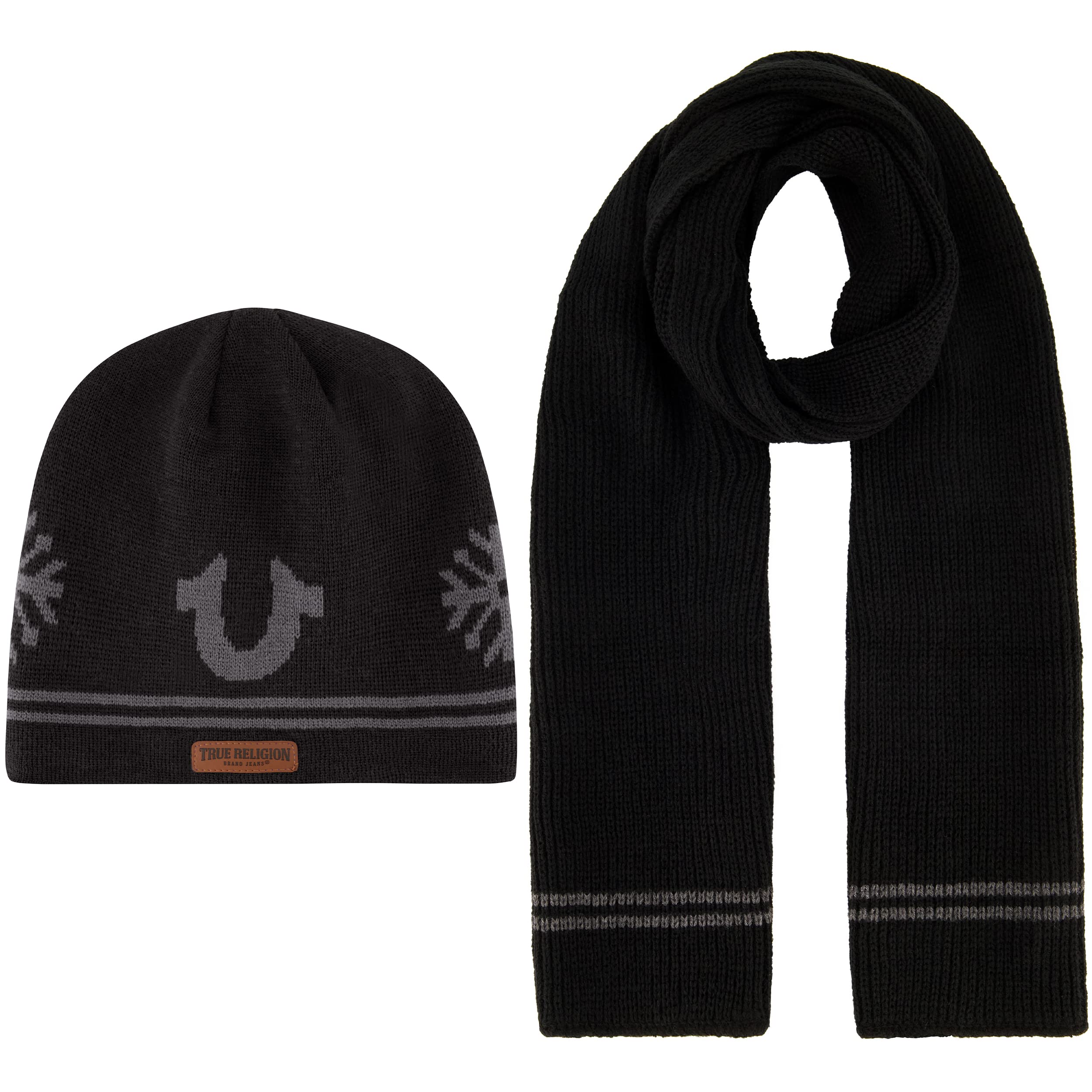 True Religion Women's Beanie Hat Set, Ribbed Long Winter Knit Cap and Scarf with End Stripes, Black, One Size