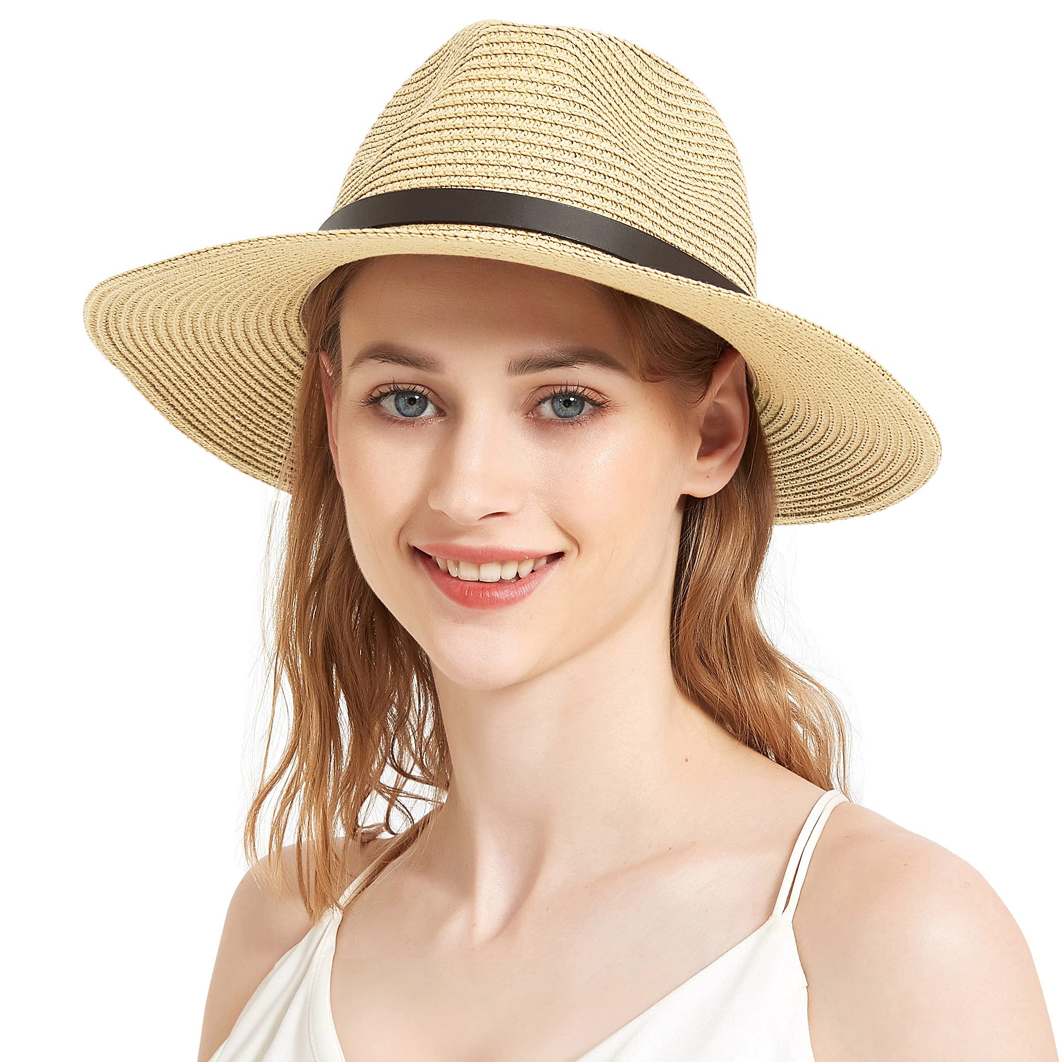 EINSKEY Womens Straw Cowboy Hat Shapeable Floppy Sun Hat Wide Birm Fedora Panama Hat for Beach