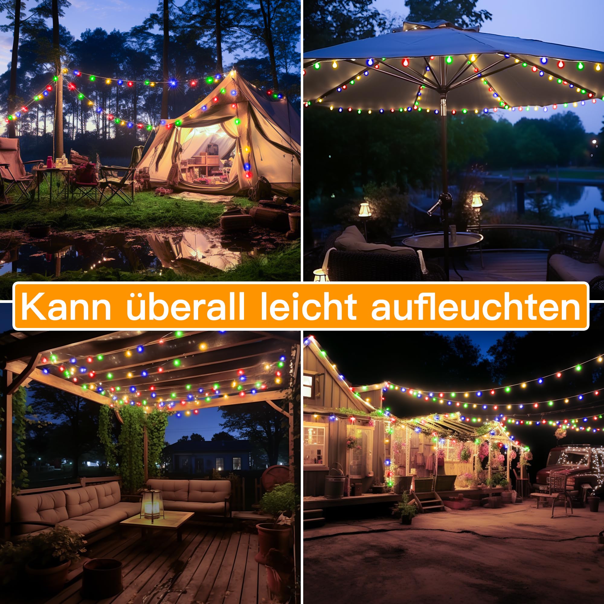 Ollny Lichtsnoer zonne-energie, weerbestendig, 12m, 100 LEDs, IP65 waterdicht, 8 modi, tuin, terras, balkon, bruiloft, kleurrijk