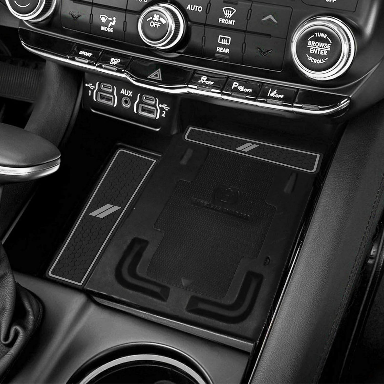 for Dodge Durango Accessories 2021 2022 2023 2024 2025 2026 Center Console Liner Mats Cup Holder Insert Coasters Non-Slip Silicone Anti Dust Premium Custom Interior Trim 5PCS Set (Gray Trim) image 3
