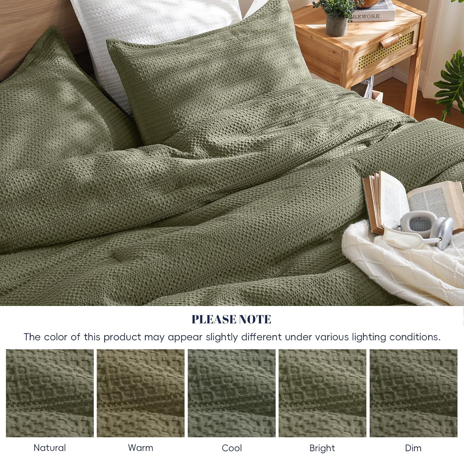 PHF Soft Waffle Comforter Set King Size- Comfy Breathable Waffle Weave Comforter with 2 Pillow Shams, 3 Pieces Less Snagging Lightweight Textured Bedding Set for All Season, Olive Green