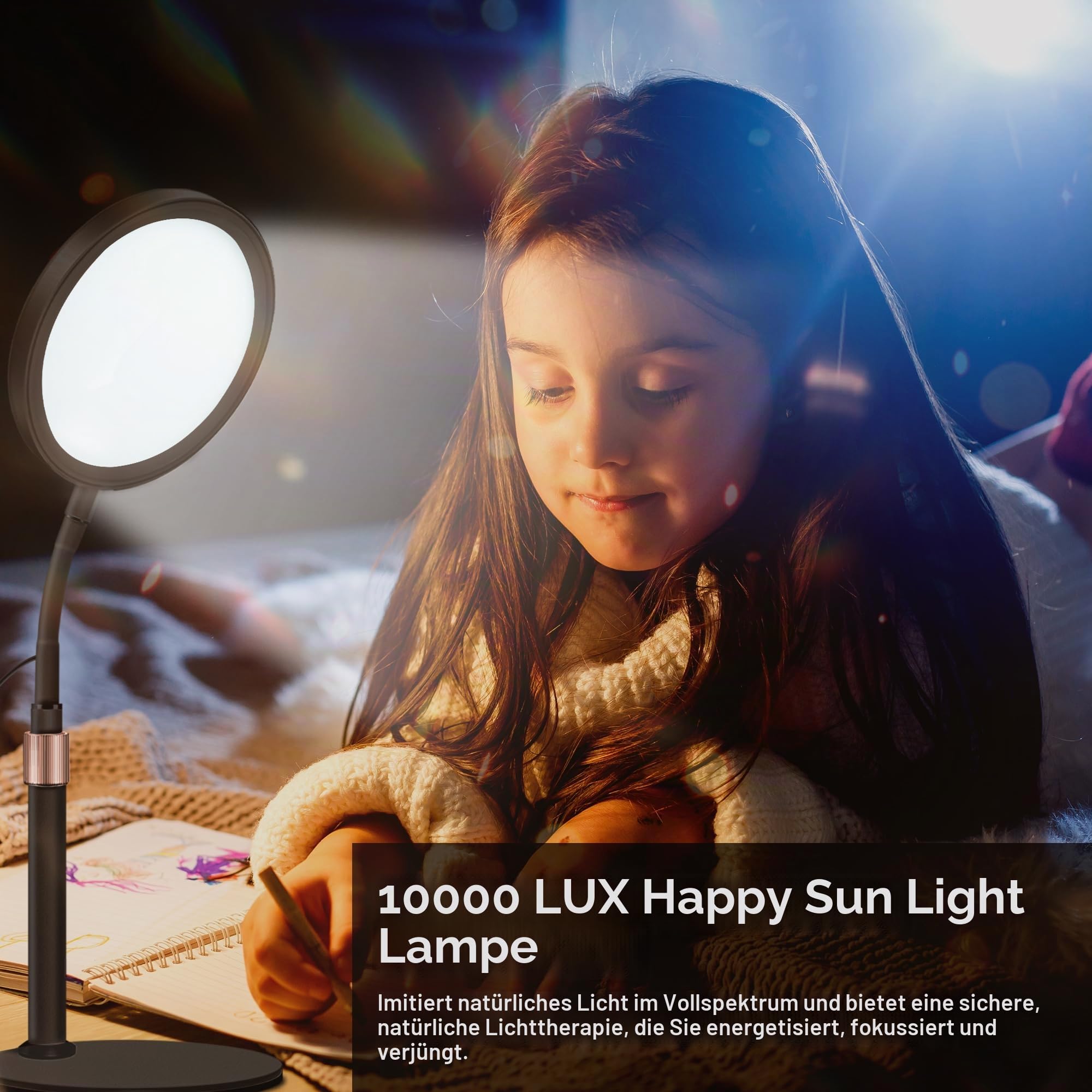 Tageslichtlampe Tageslichtlampen, 10000 Lux Lampe mit 3 Lichtfarben und 9 Einstellbaren Helligkeiten und 3 Timer, Tageslicht Daylight (Schwarz)