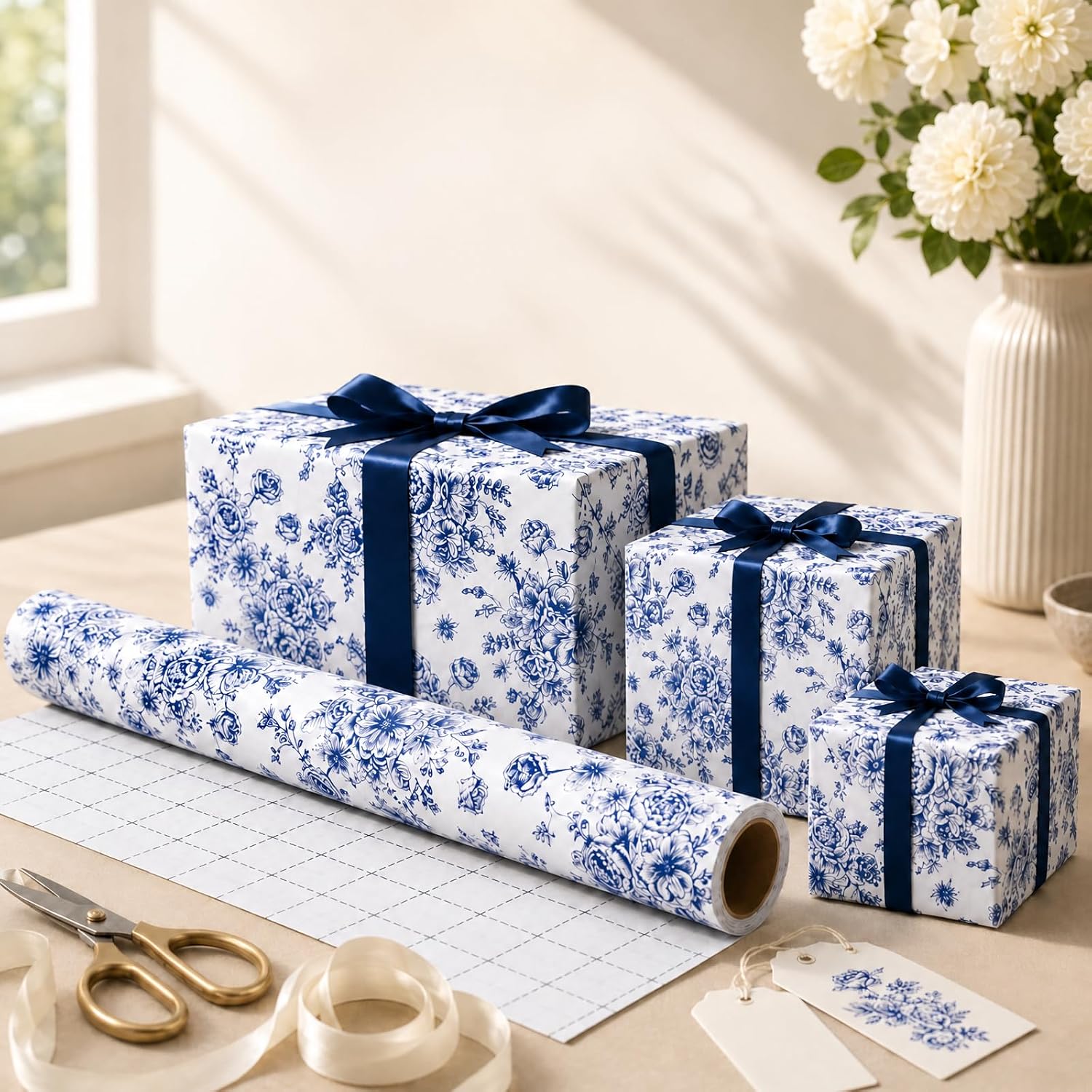 Ulmasinn Blue Floral Wrapping Paper Roll, Vintage Toile Gift Wrap with Grid Cutting Lines, 17in x 33ft Elegant Blue and White Wrapping Paper for Birthday, Wedding, Bridal Shower, Mother’s Day Gifts