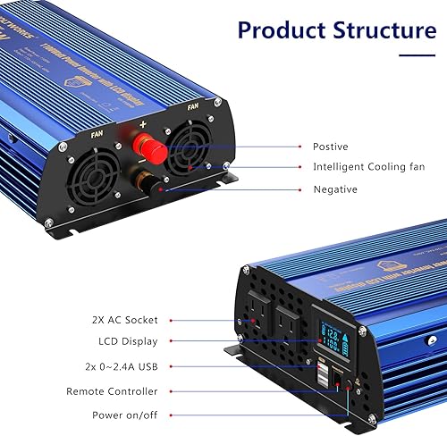 Miniatura 5 de VOLTWORKS - Inversor de corriente de 1100 vatios CC 12 V a CA 120 V de onda sinusoidal modificada 1000 W con pantalla LCD, control remoto de 2