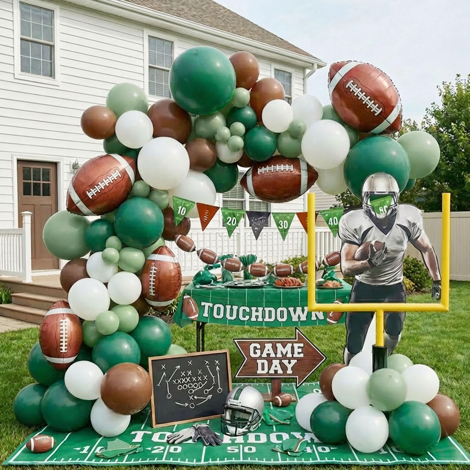 Football Party Decorations Kit 120PCS sage Green brown White Balloon Garland Arch with Football Banner Mylar Balloons for Sports Birthday Boys first
