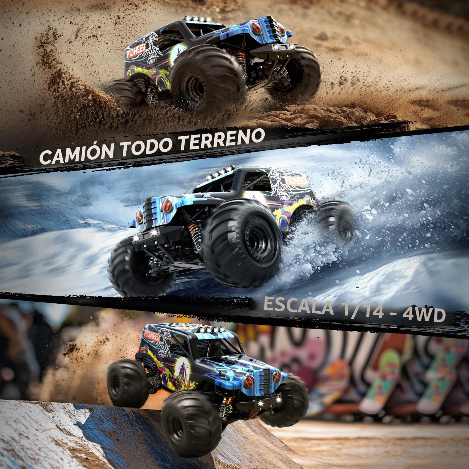 Coche Teledirigido adulto Brushless 1:14, RC Car 4WD Máximo 70 km/h con Amortiguadores de Aceite, 2 Baterías 2S 1500mah batería de iones de litio, Compatible con 3S, Coche Radiocontrol Alta Velocidad