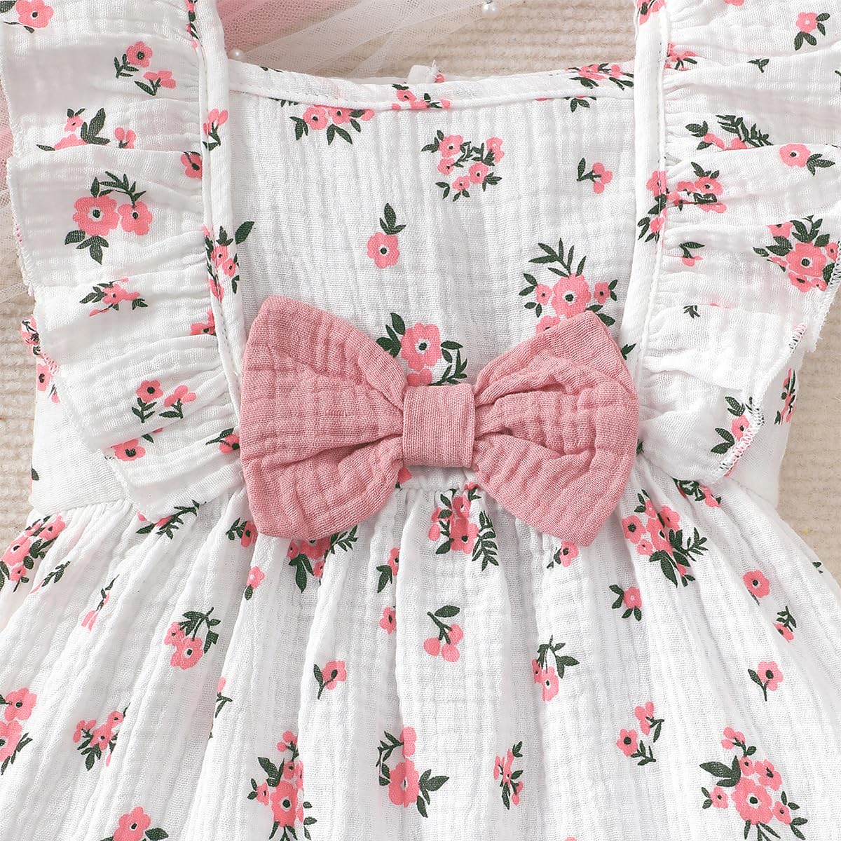 Ensembles Robes et Chapeaux pour Petites Filles Manches à Volants Imprimée Cœurs/Fleurs Robe en Coton et Lin Fille Tenue Printemps et Été Vêtement - 4