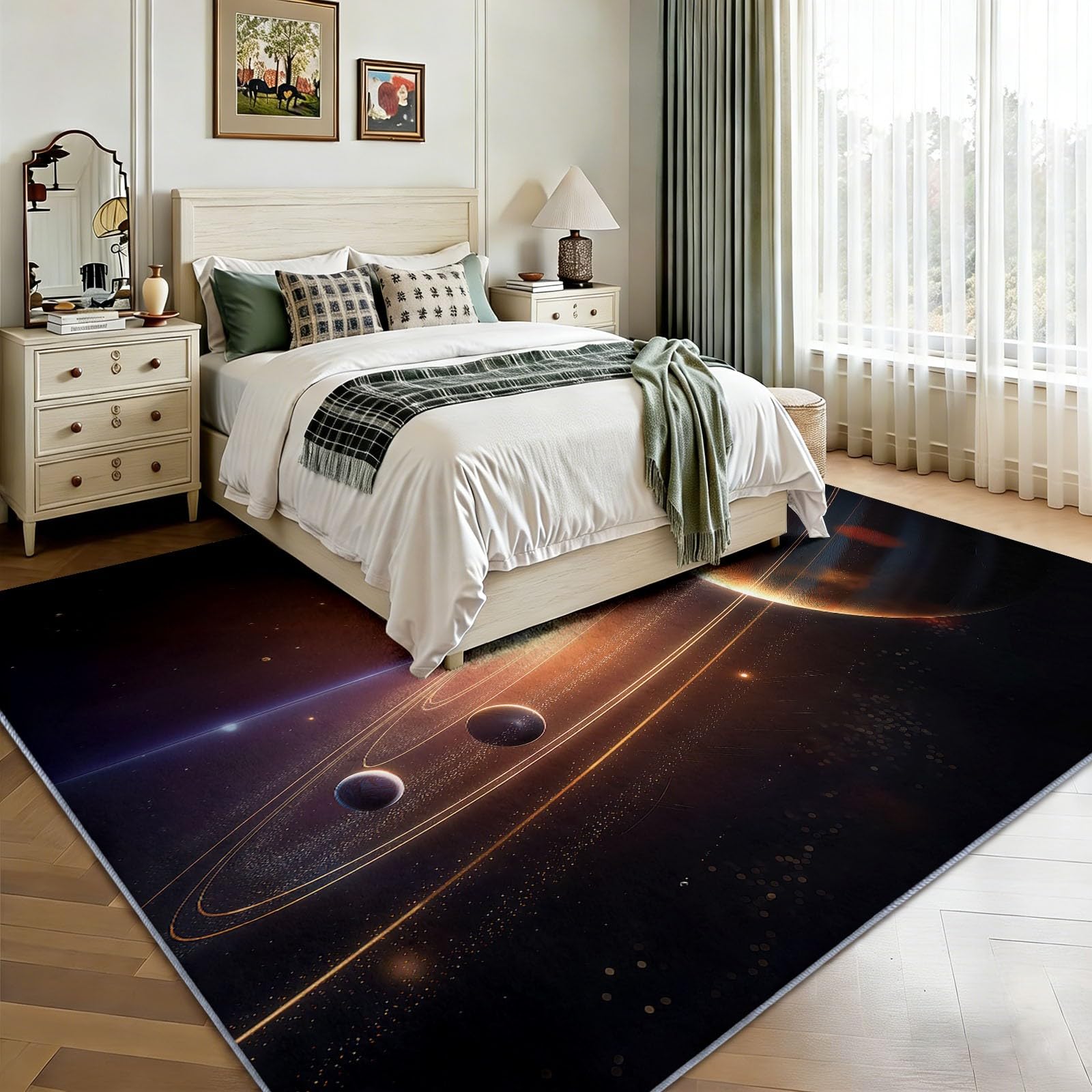Waschbar Teppich Wohnzimmer 140 x 200 cm, Rutschfester Schwarz Wohnzimmerteppich - Kurzflor Hyperrealismus Sonnensystem Filmisch Planeten Teppiche Matte für Schlafzimmer Esszimmer Office Kinderzimmer