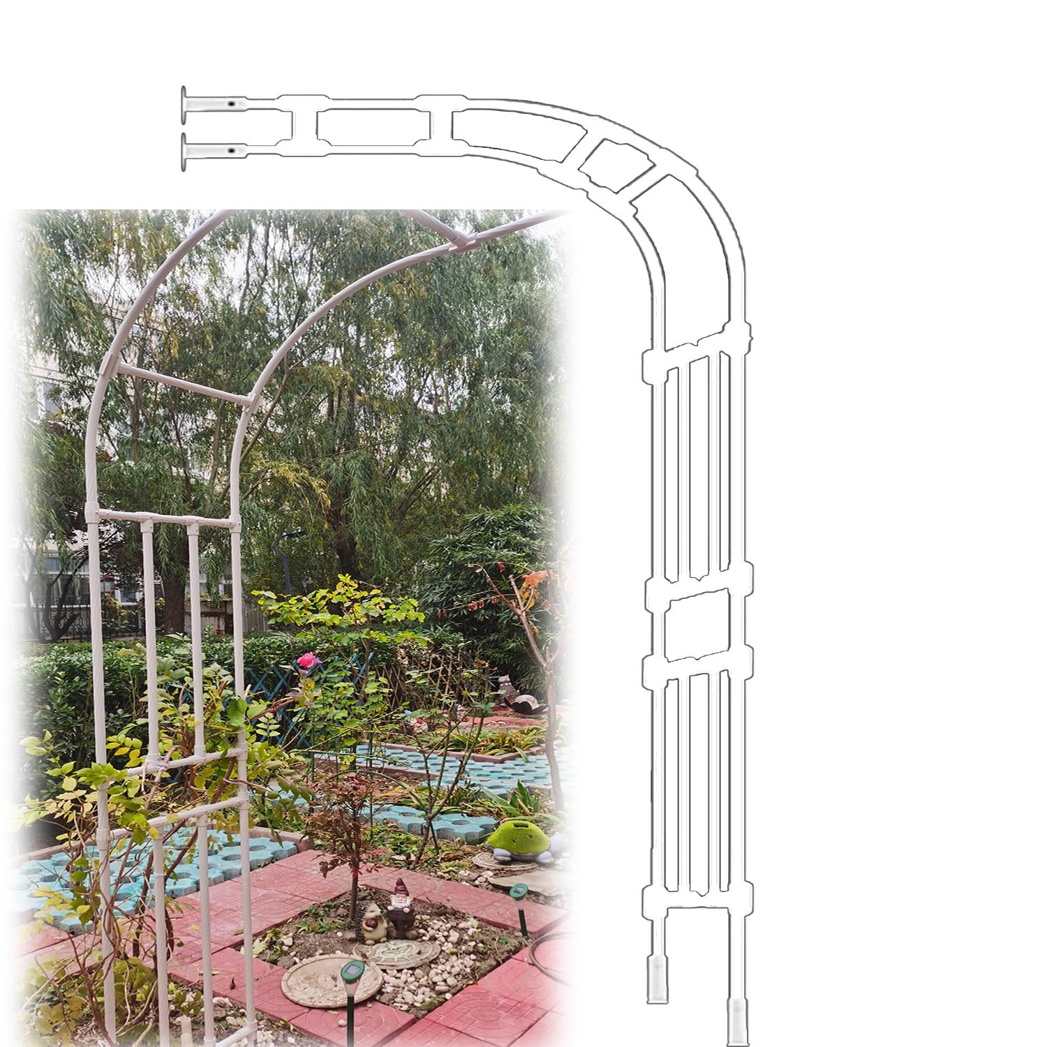 Demi-arche de jardin blanche pour rosiers grimpants le long d'un mur