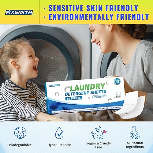 Miniatura 8 de FIXSMITH Hojas de detergente para ropa  120 cargas (60 hojas) sin fragancia, hipoalergénicas, sin perfume, ecológicas, tiras de detergente
