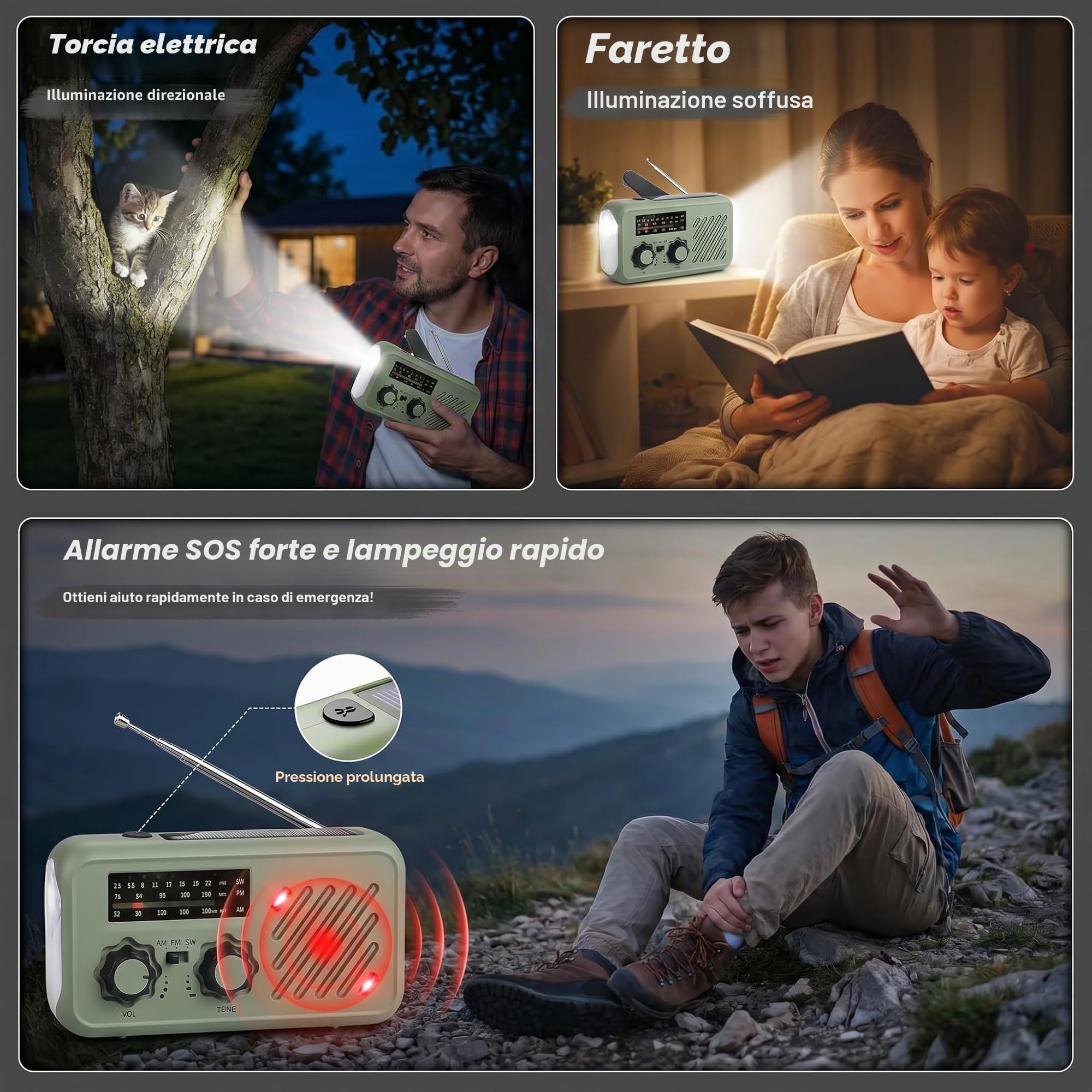 Radio Emergenza a Manovella con Solare & Power Bank 2000mAh, Radio AM/FM con Allarme SOS e Luce Lettura, Radio Dinamo per Blackout Campeggio Auto
