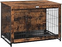 HOOBRO 38.6" Rustic Brown Dog Crate Furniture - Large Indoor Wooden Kennel with Double Doors, Pull-Out Tray, End Table for Medium/Large Dogs