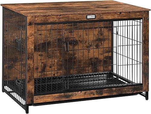 HOOBRO Mueble de jaula para perros, perrera grande de 38.6 pulgadas para interiores, jaula de madera con bandeja extraíble, mesa auxiliar de casa
