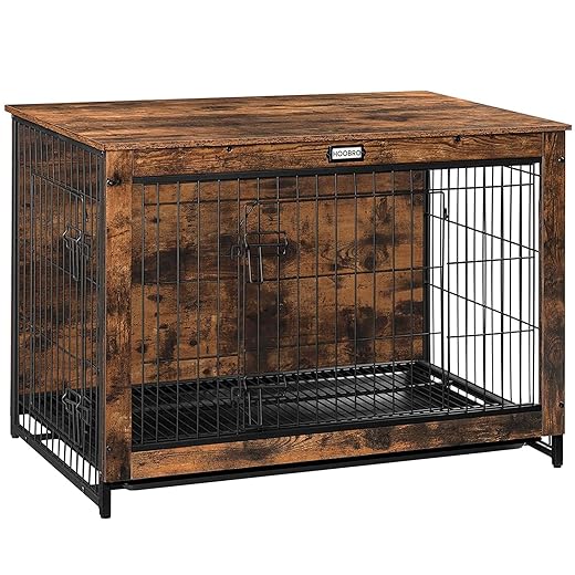 HOOBRO Dog Crate Furniture, 38.6" Large Dog Kennel Indoor, Wooden Cage with Pull-Out Tray, Double Doors Pet House Side End Table for Large/Medium/Small Dogs, Rustic Brown BF982GW03G1