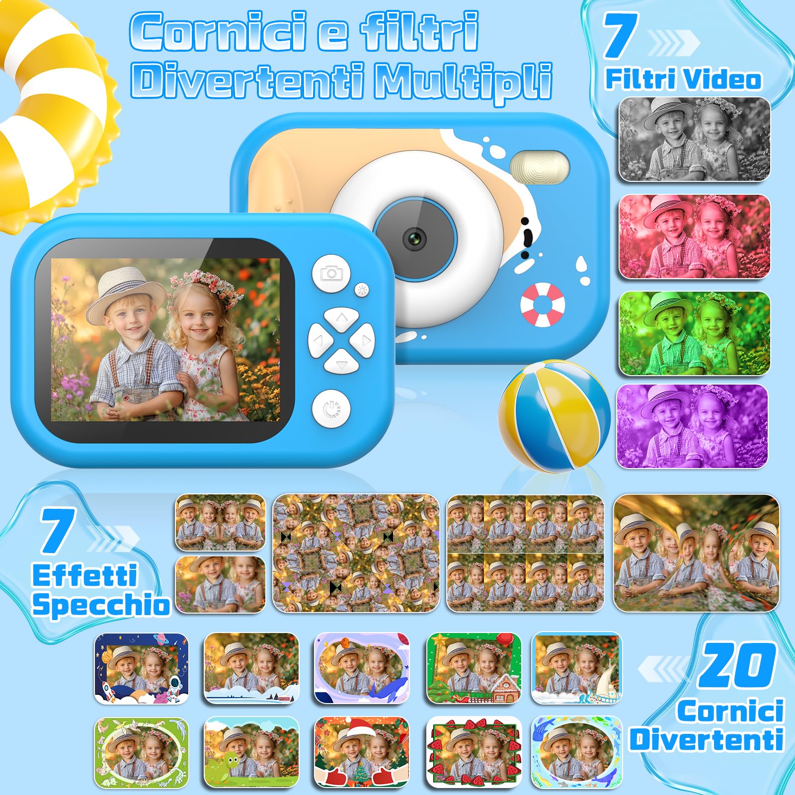CHAKEYAKE Macchina Fotografica Bambini, 1080P IP67 Fotocamera Impermeabile Bambini con Zoom 10X, Schermo 2.4'', Scheda 32GB Inclusa, Giocattolo per Piscina e Spiaggia, Regalo per 3–12 Anni, Blu