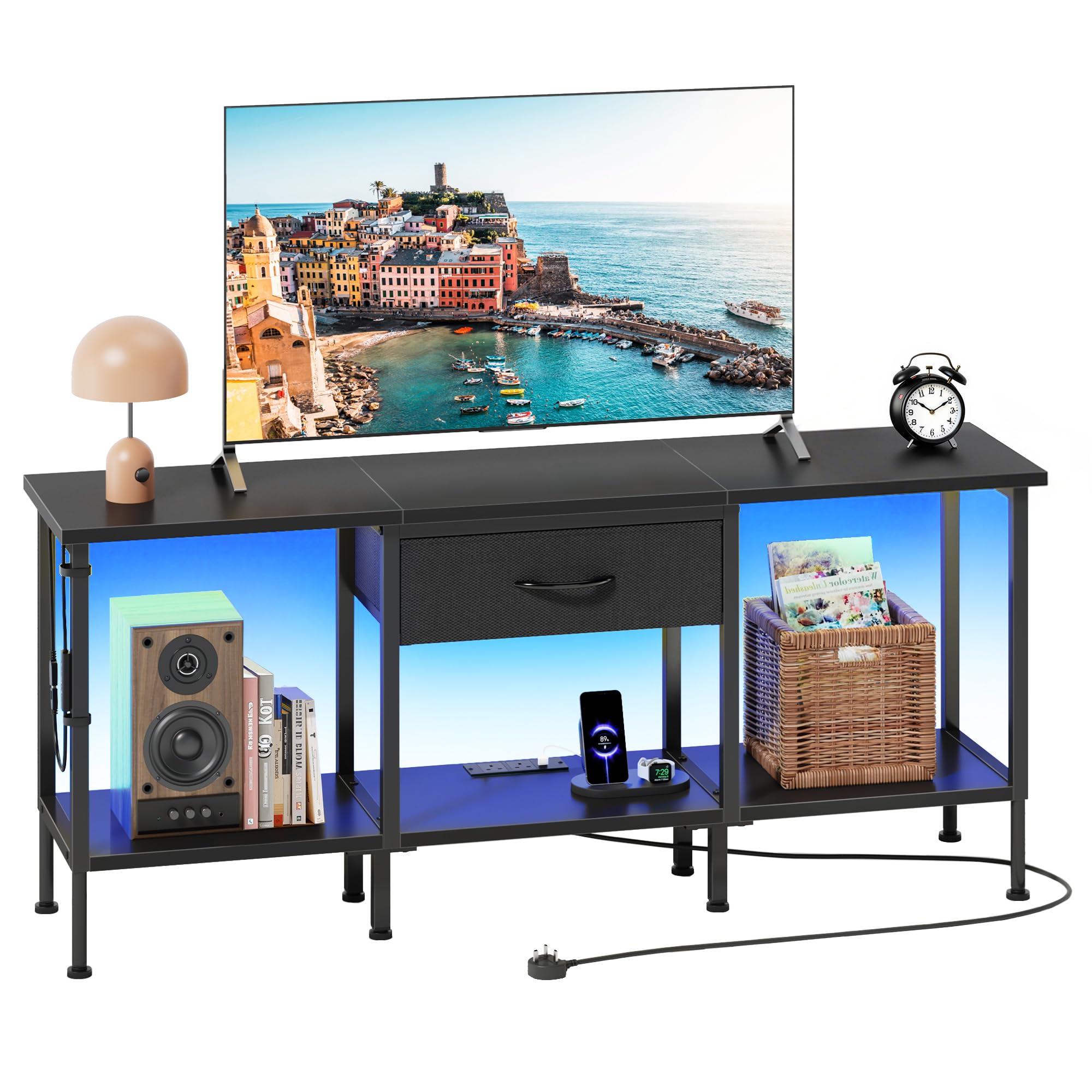 OYRREU LED TV Stand Unit for 55 50 Inch TV with Socket and USB Slots, TV Cabinet with Fabric Drawer and Open Shelves, 120 cm TV Stand, Entertainment Center for Living Room Bedroom, Black