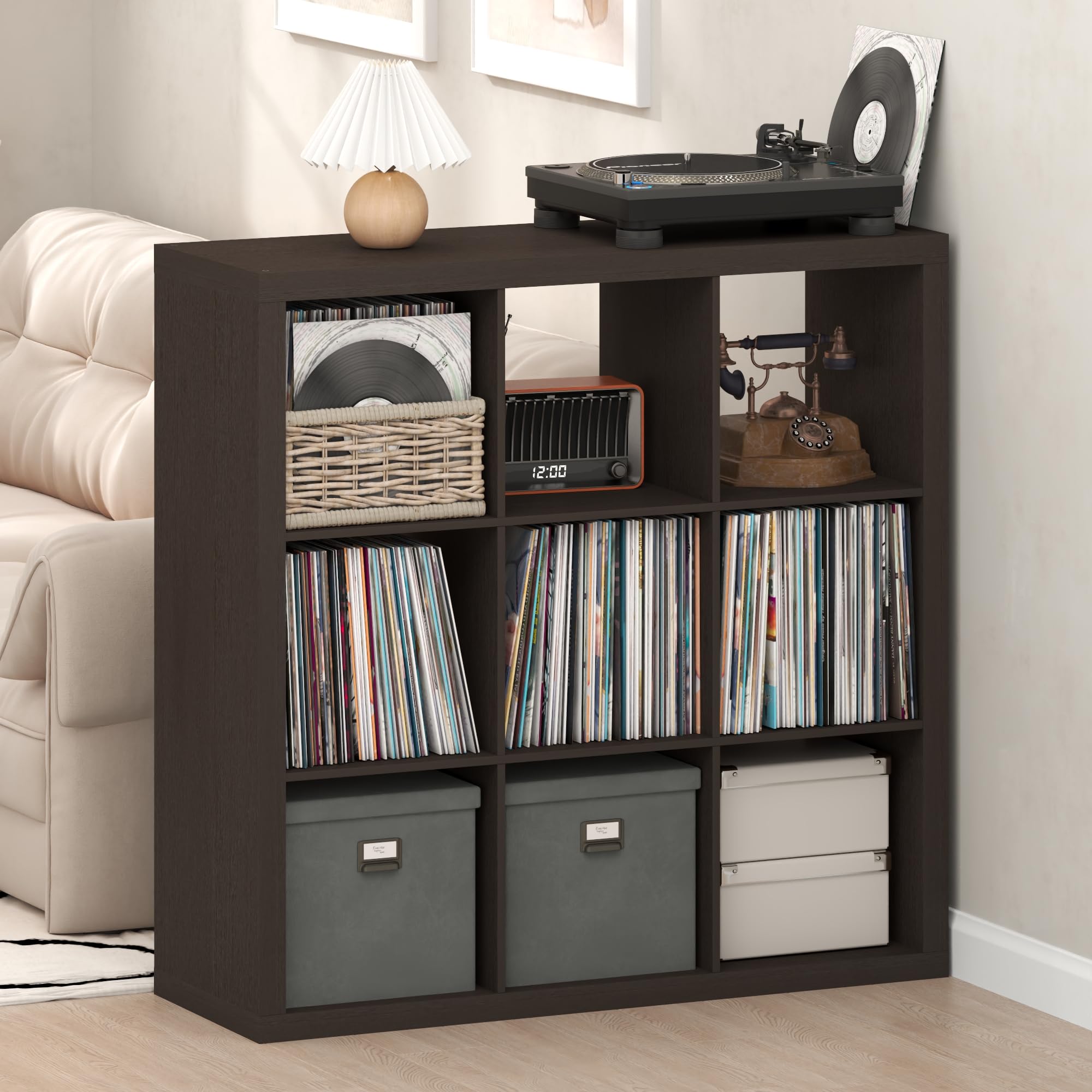 Photo 1 of Furinno Cubicle Record Player Stand with Vinyl Storage, 9-Cube Vinyl Record Storage, 1.65" Triple Thick Open Back Media Shelf for CD DVD Blueray Game, for Living Room, Home Office, Black Dark Oak