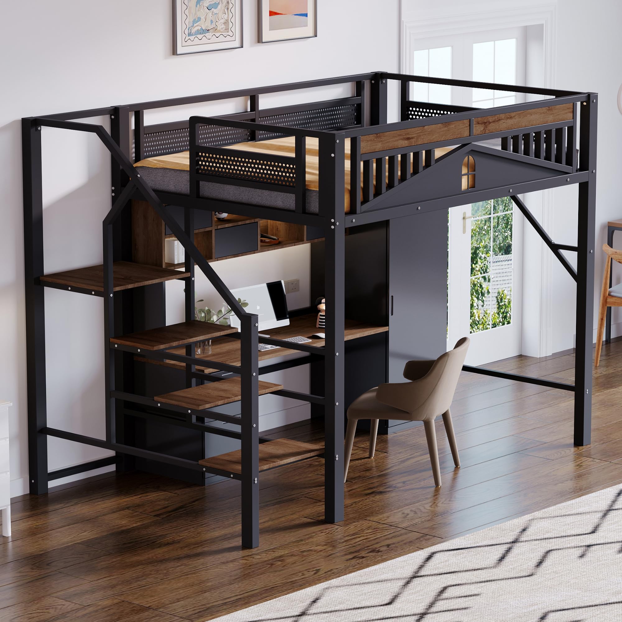 SACOOL Cama alta de metal de 140 x 200 cm, forma de carcasa única con diseño de ventana, con escalera de seguridad, mucho espacio debajo de la cama, color negro