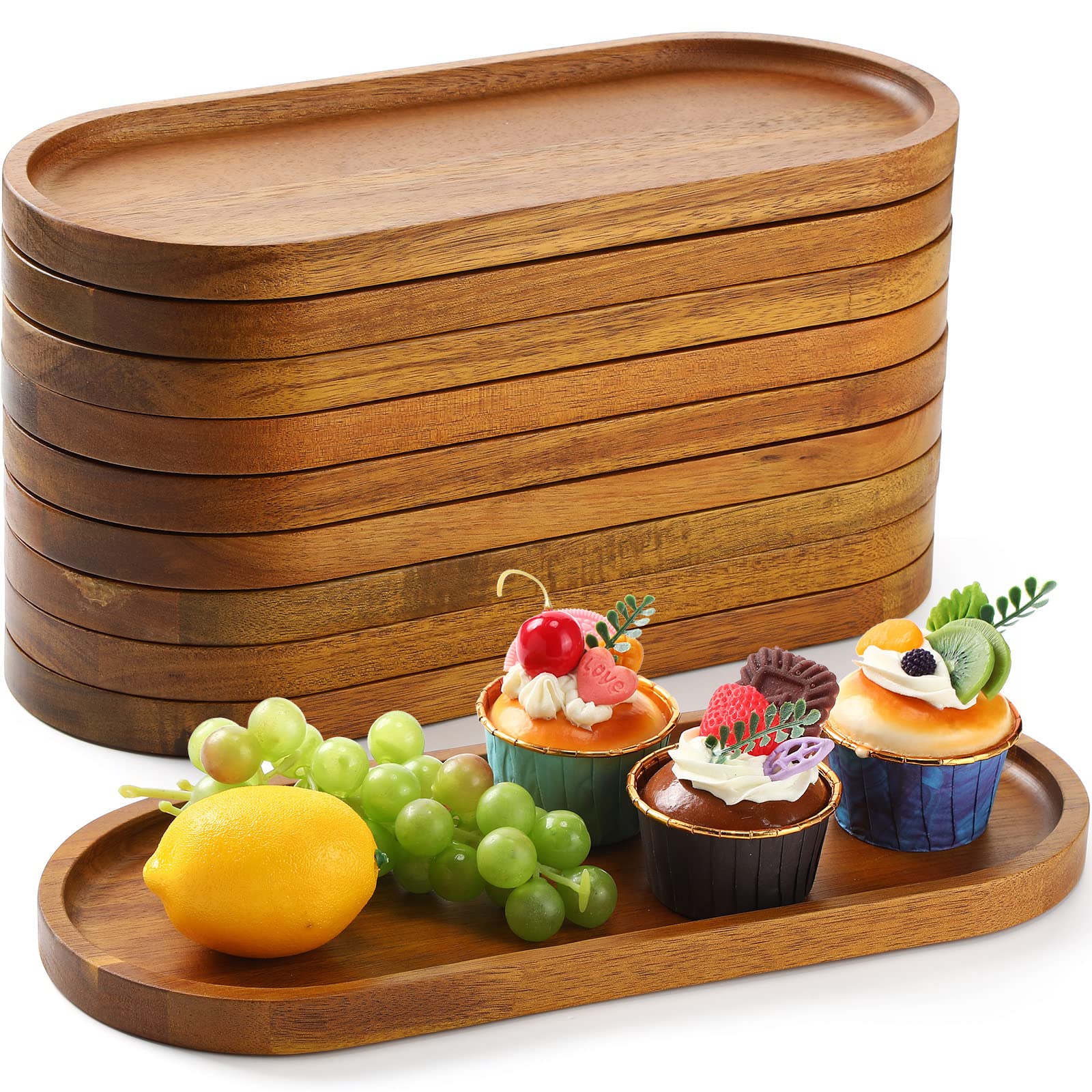 Rtteri 10 bandejas de madera de acacia, bandejas grandes de madera de 13.8 x 5.8 pulgadas, tabla de charcutería, bandeja ovalada rústica vintage para postre, pan, barbacoa, mesa de fiesta
