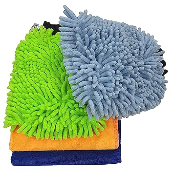 SOFTSPUN Microfiber Chenille & SingleSide Gloves 1700 GSM? with Towel 340 GSM 4 Piece Combo Multicolour Multipurpose Super Absorbent and Perfect Wash Clean with LintScratch Free Car Dusting.