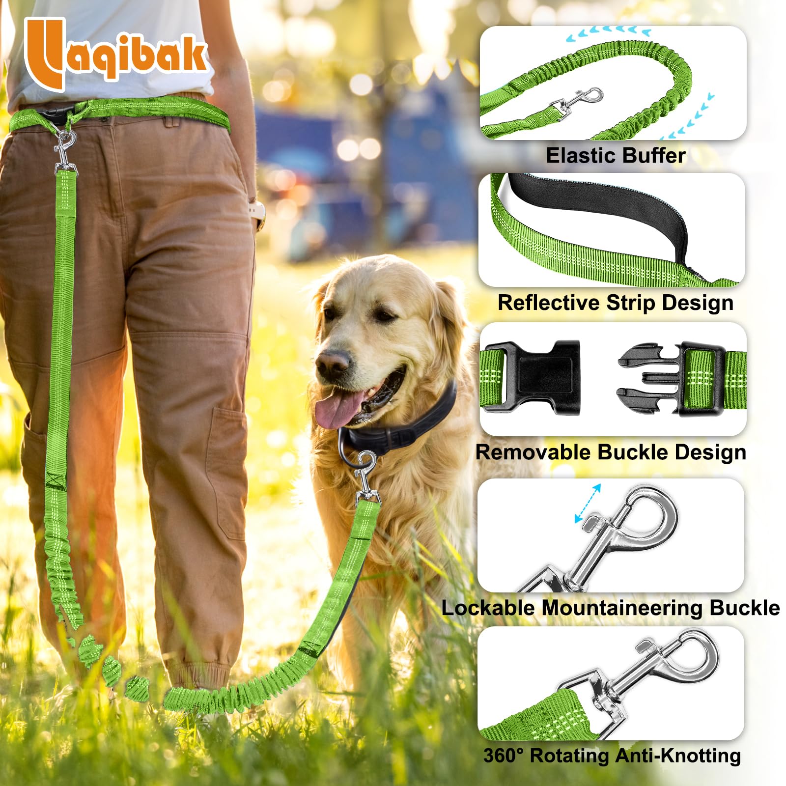 Correa de perro manos libres, correa de cintura ajustable para pasear al perro, correa elástica de doble asa de 4.2 a 6.7 pies de largo con costuras reflectantes para caminar, senderismo, correr, se