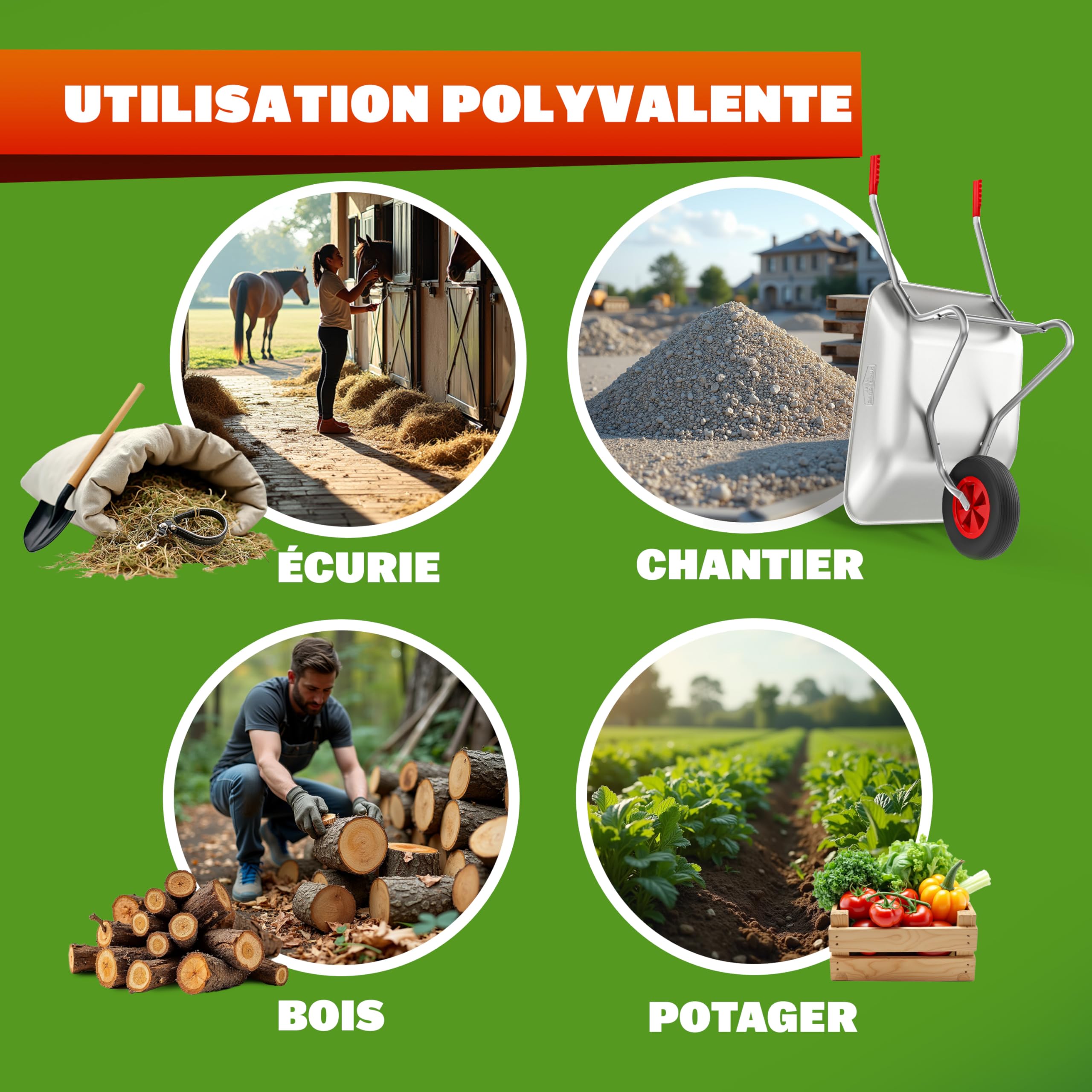 GARDEBRUK® Brouette 80L Max. 100kg galvanisée poignée Caoutchouc brouette Jardin brouette de Chantier Jardinage Chariot de Transport Roue de brouette pneumatique outils jardinage