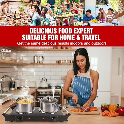 Miniatura 9 de Placa caliente de 2000 W, estufa eléctrica portátil para encimera, quemadores de bobina doble con control de temperatura de 5 niveles y asas que se