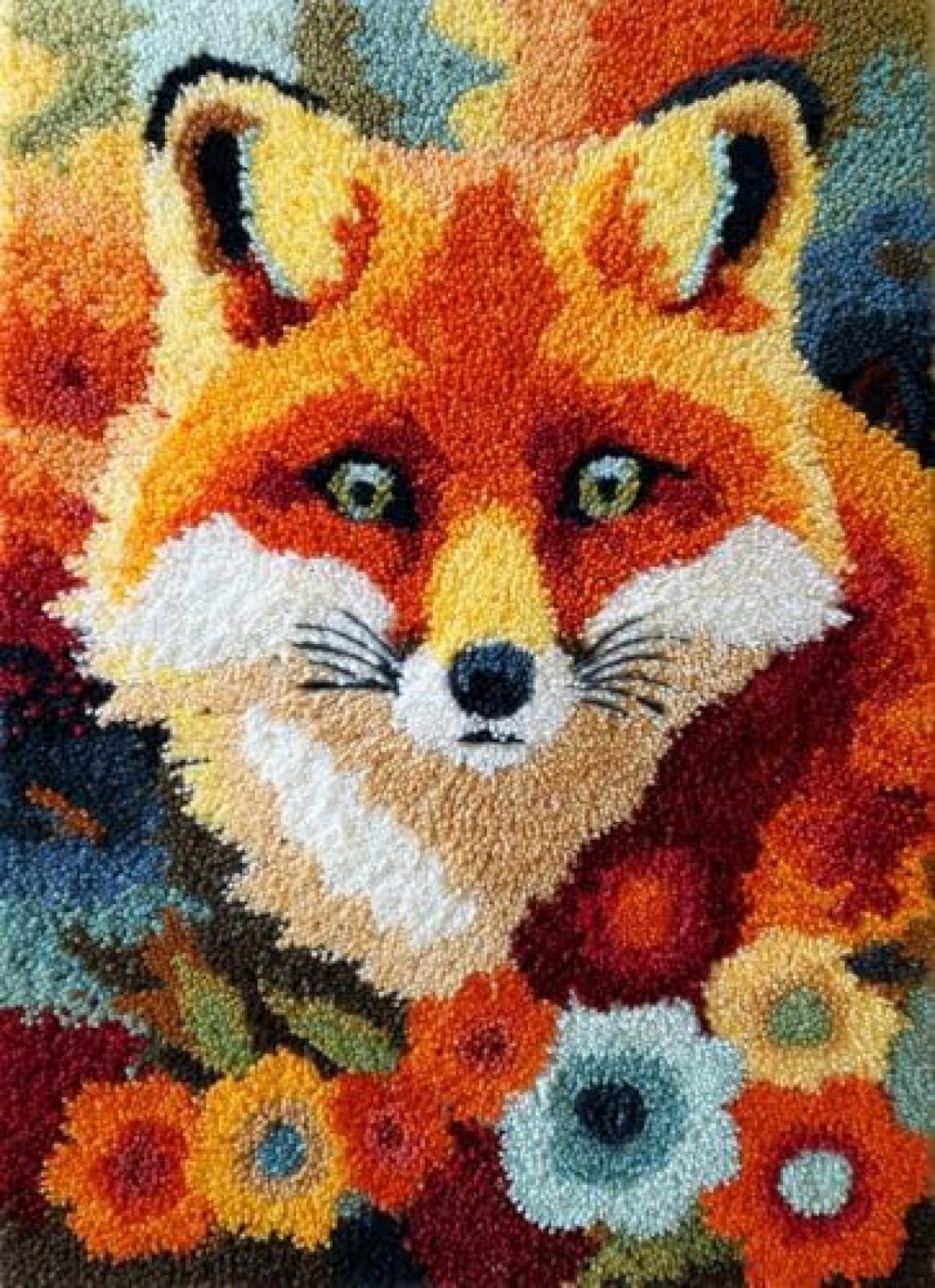 XDEGHUANGSS Latch Hook Rug Kit Fox Portrait in Flowers Cushion Cover DIY Craft Set Pre-Printed Mat 38x52cm for Home Decor