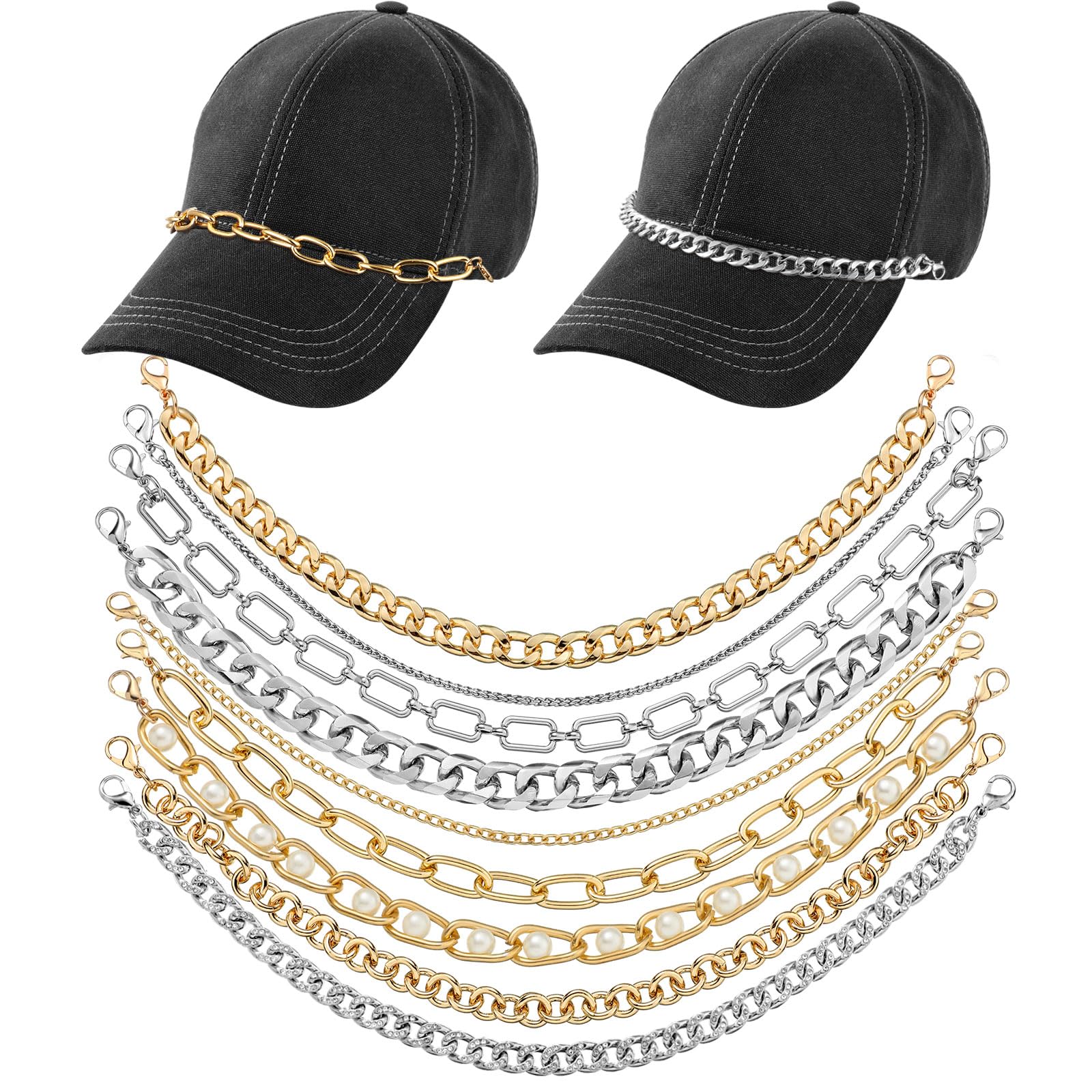 Geyoga 9 Pcs Trucker Hat Chains Trucker Hat Charms Women Man, Gold Silver