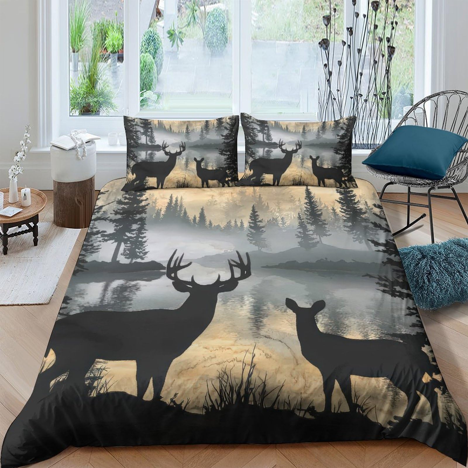 Ctjqhvkz Style-10 3D Printed Forest Deer Fitted Sheet Microfiber Soft Breathable Misty Lake Bed Cover For Bedroom Dorm Decor Single（135X200cm）