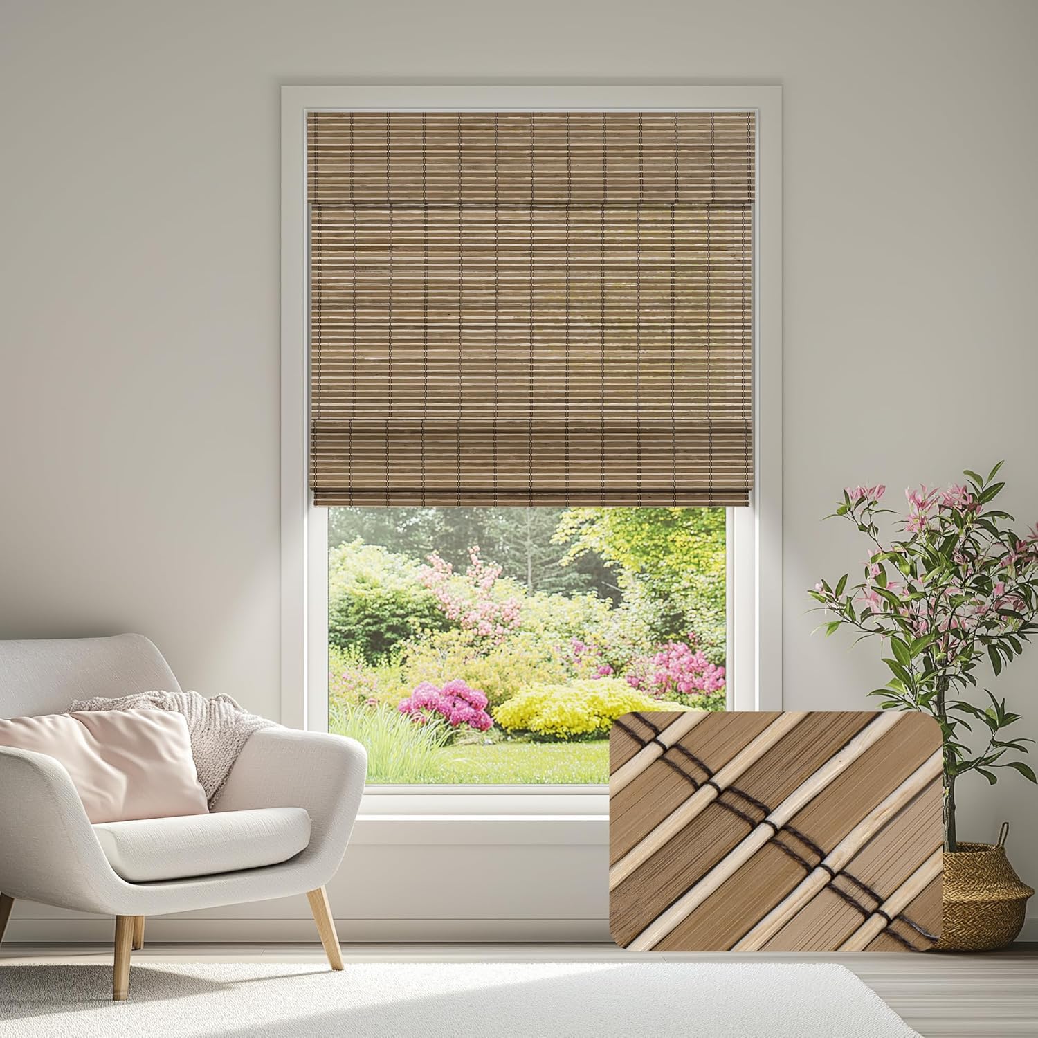 Cordless Bamboo Roman Shades, Natural Light Filtering Bamboo Blinds, Roll Up Roman Blinds for Windows,Natural Tone - Carbonized Bamboo,30" W x 64" H