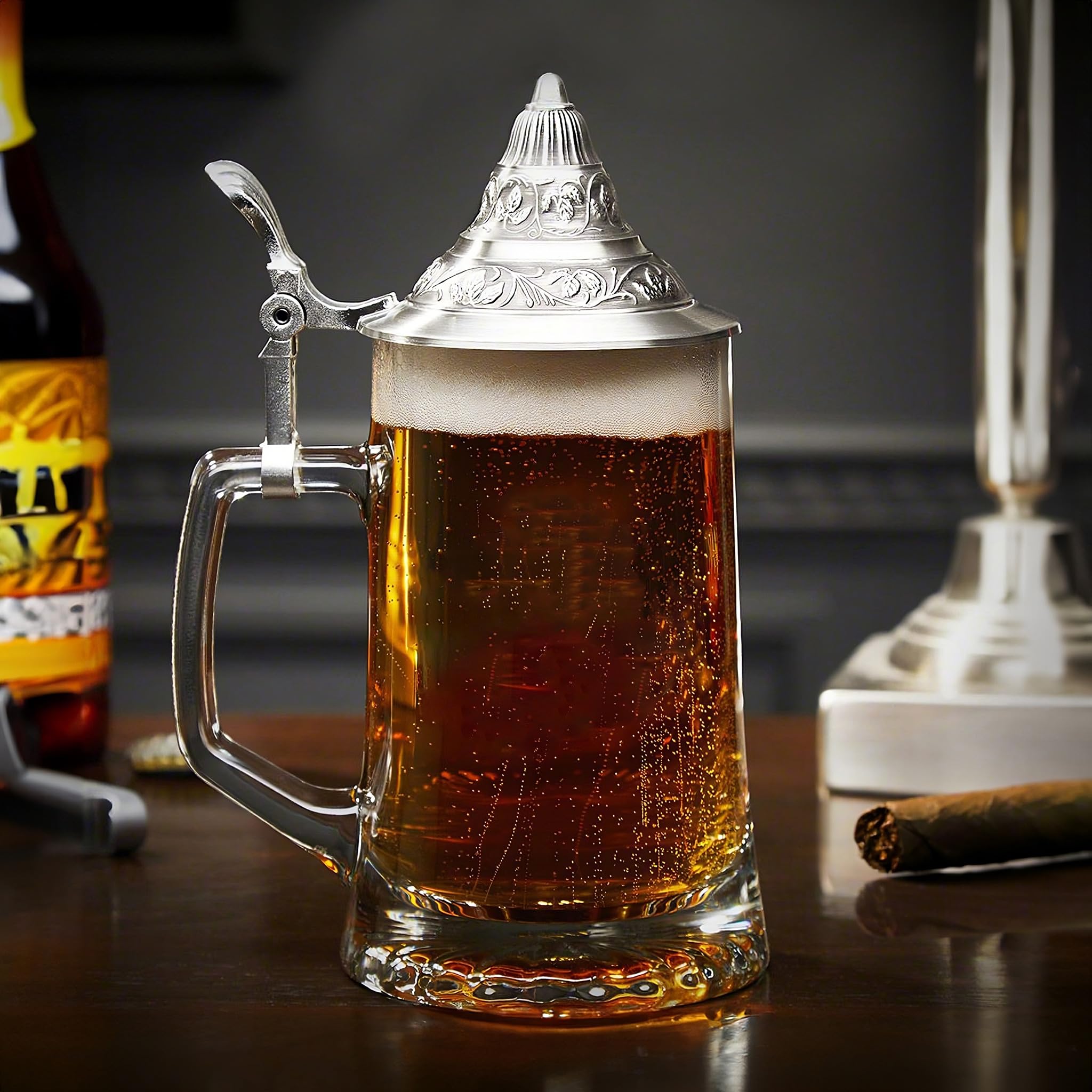 HomeWetBar Traditional German Beer Stein Mug with Lid – Authentic Vintage-Style Beer Mug with Pewter Lid for Beer Lovers and Collectors