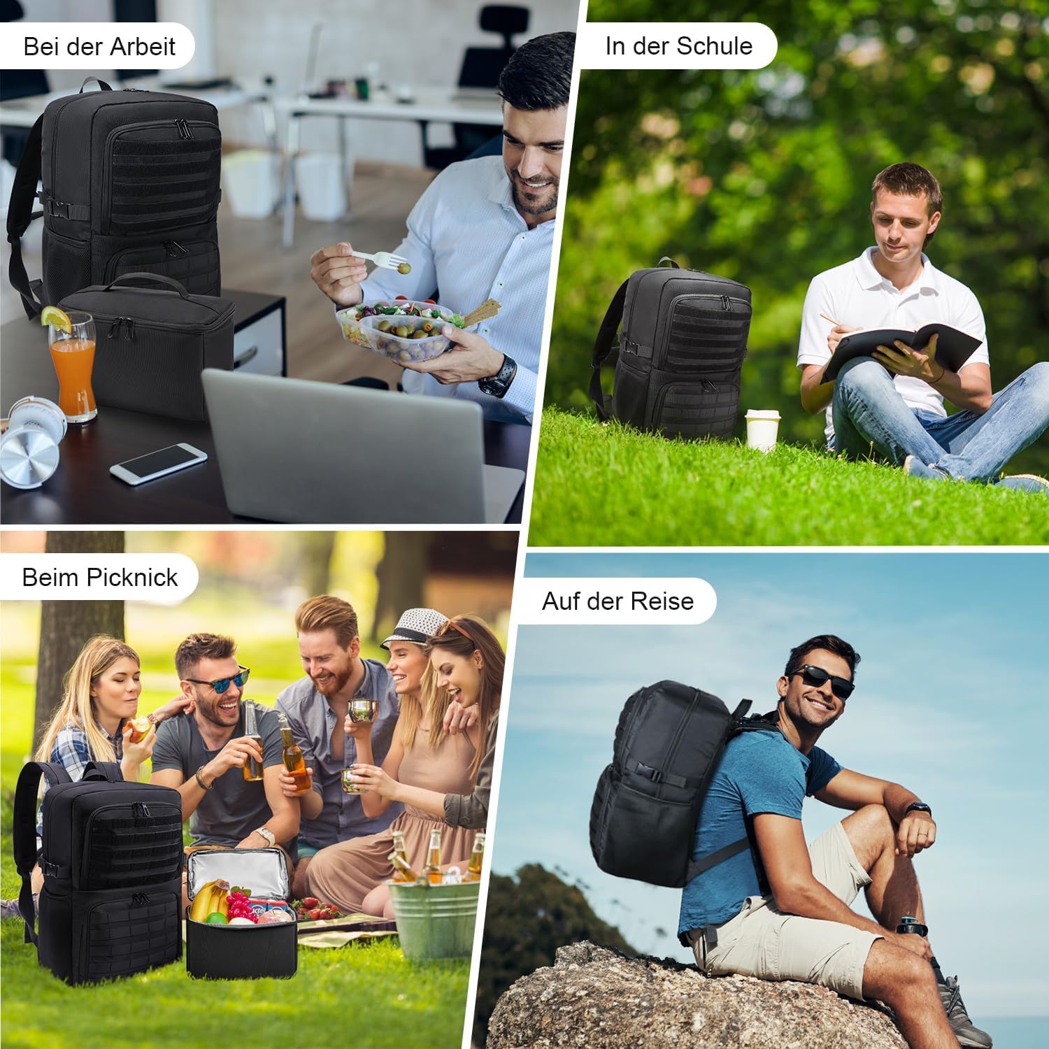 BERTASCHE Lunch Rucksack, Laptop Rucksack mit Kühltasche für 17,3 Zoll, 2-IN-1 Rucksack Herren für Taktisch Arbeit Schule Picknick Uni, Schwarz