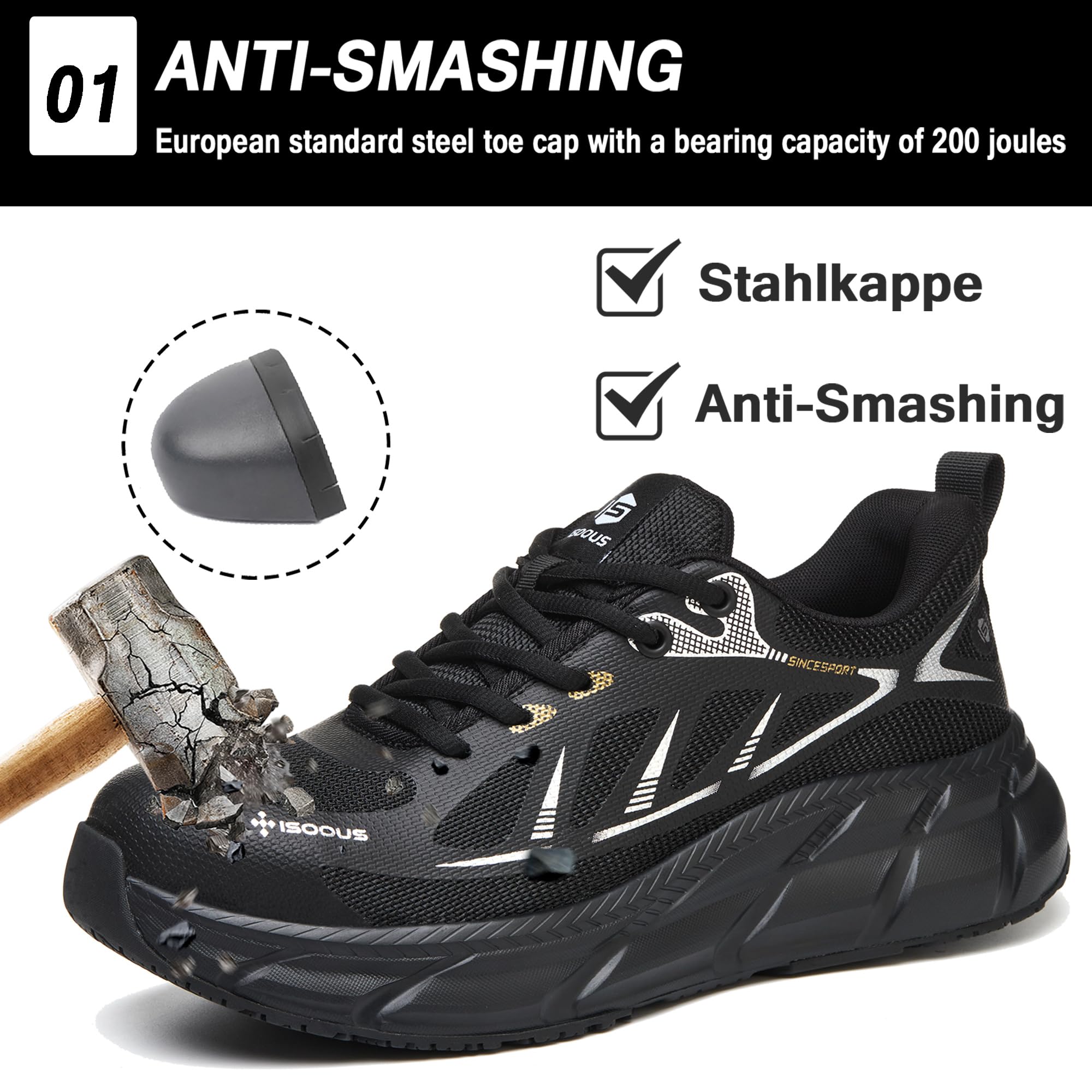 ISOOUS Arbeitsschuhe Herren Sicherheitsschuhe Damen Stahlkappenschuhe | Schutzschuhe mit Stahlkappe,Atmungsaktiv,rutschfest,Leicht,Durchtrittsicher,für Bau, Werkstatt & Logistik