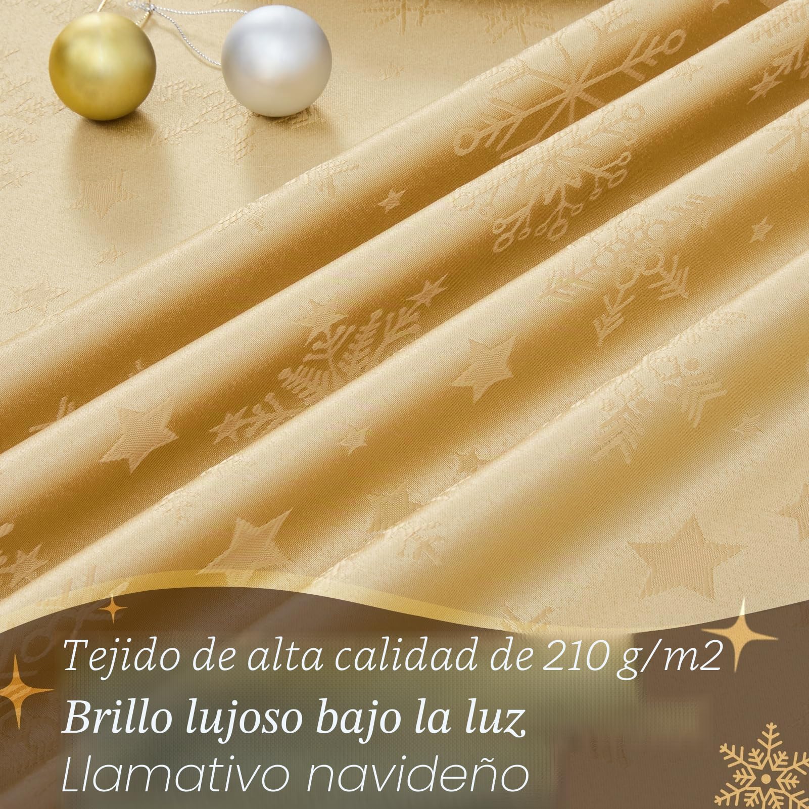 Romanstile Mantel grande de Navidad, 150 x 350 cm, dorado, lavable e impermeable, jacquard, estrellas y copo de nieve, rectangular, XXL, mantel para invierno, decoración navideña, fiesta, Navidad