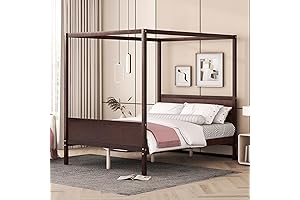 Merax Queen Size Canopy Bed Frame with Headboard and Footboard, Rustic Farmhouse...