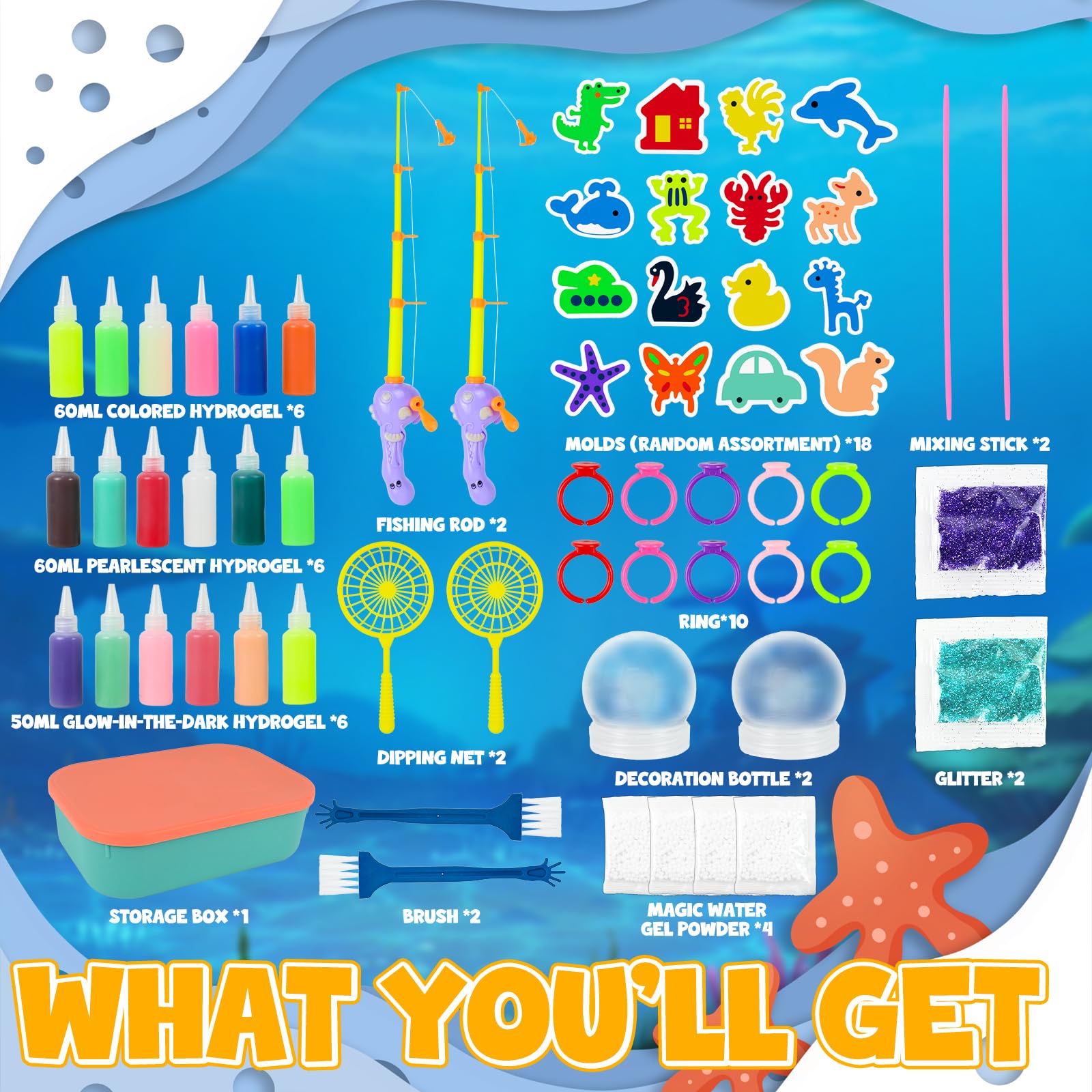 JONRRYIN Acqua Gel Set Creativo, 62 PCS Magico Water Elf Kit con 16 Formine, Gel D'acqua Magico Che Brilla al Buio Kit Elfi Magici Regalo per Bambini 4+