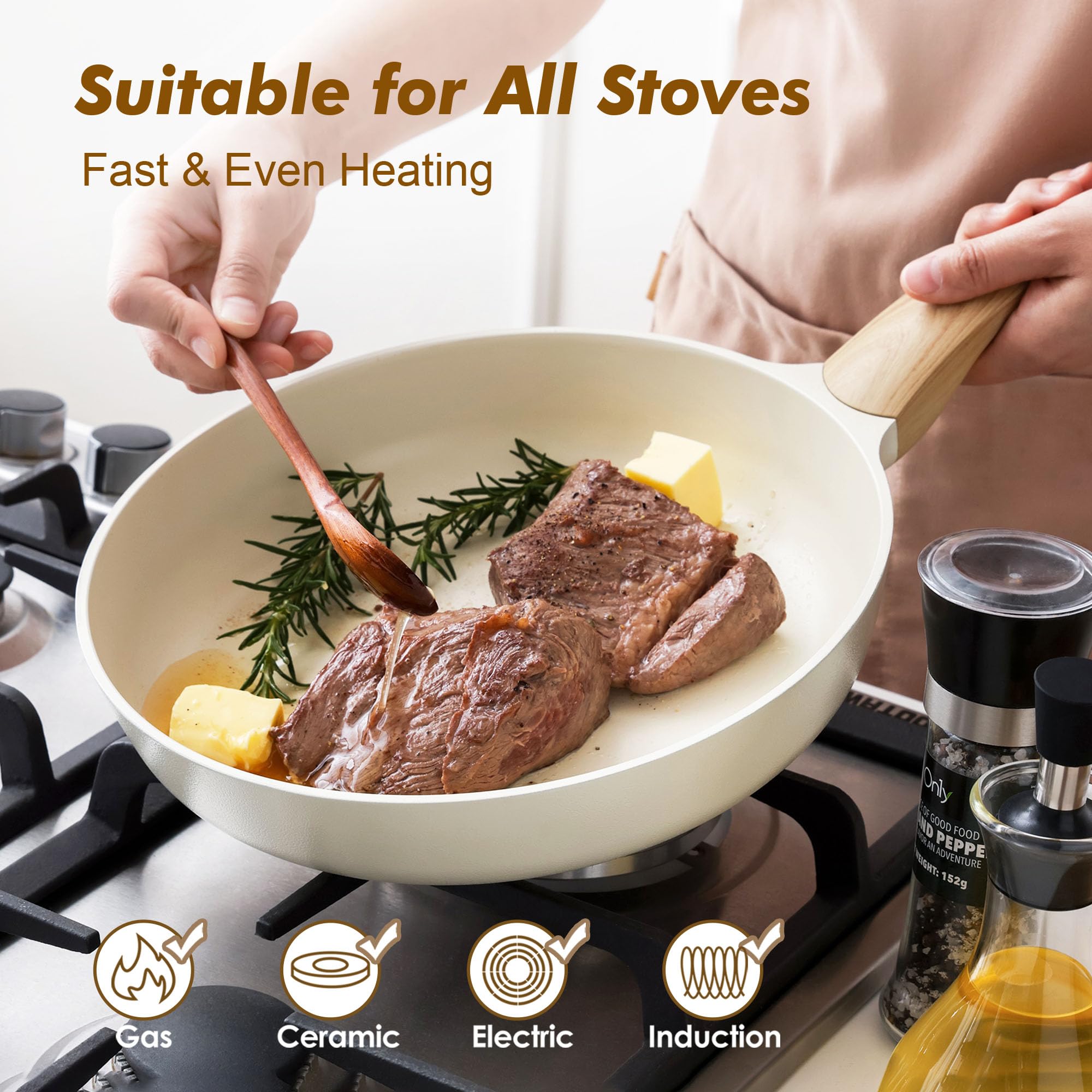 SENSARTE Petite poêle à frire antiadhésive en céramique 20,3 cm, blanc | Poêle à omelette saine avec revêtement en céramique, non toxique, sans PFOA/PFAS/PTFE, compatible avec induction