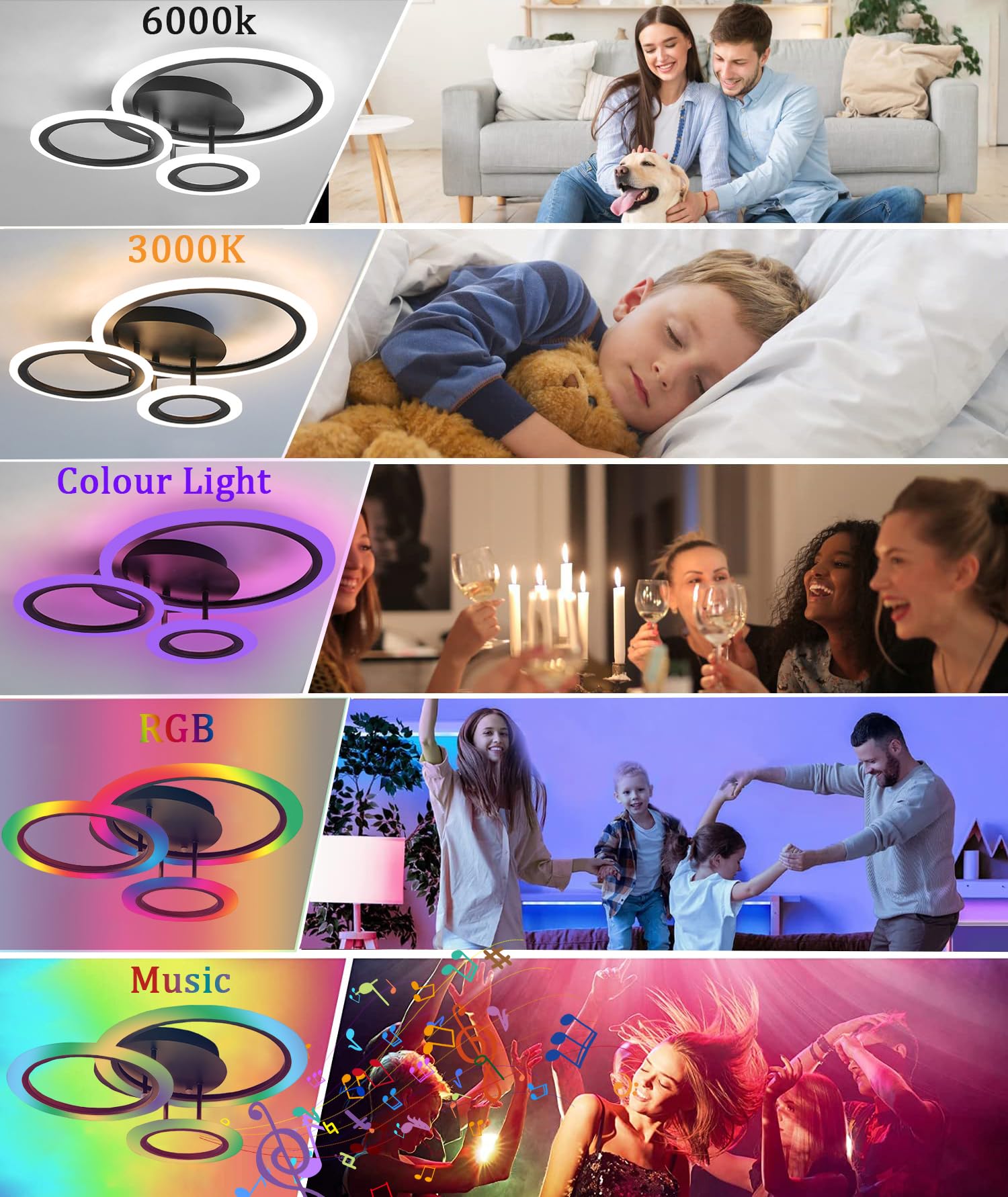 Lampada da soffitto a LED RGB Cambia colore con altoparlante Bluetooth, lampada da soggiorno, luce ad anello, dimmabile, per cameretta dei bambini, con telecomando e app