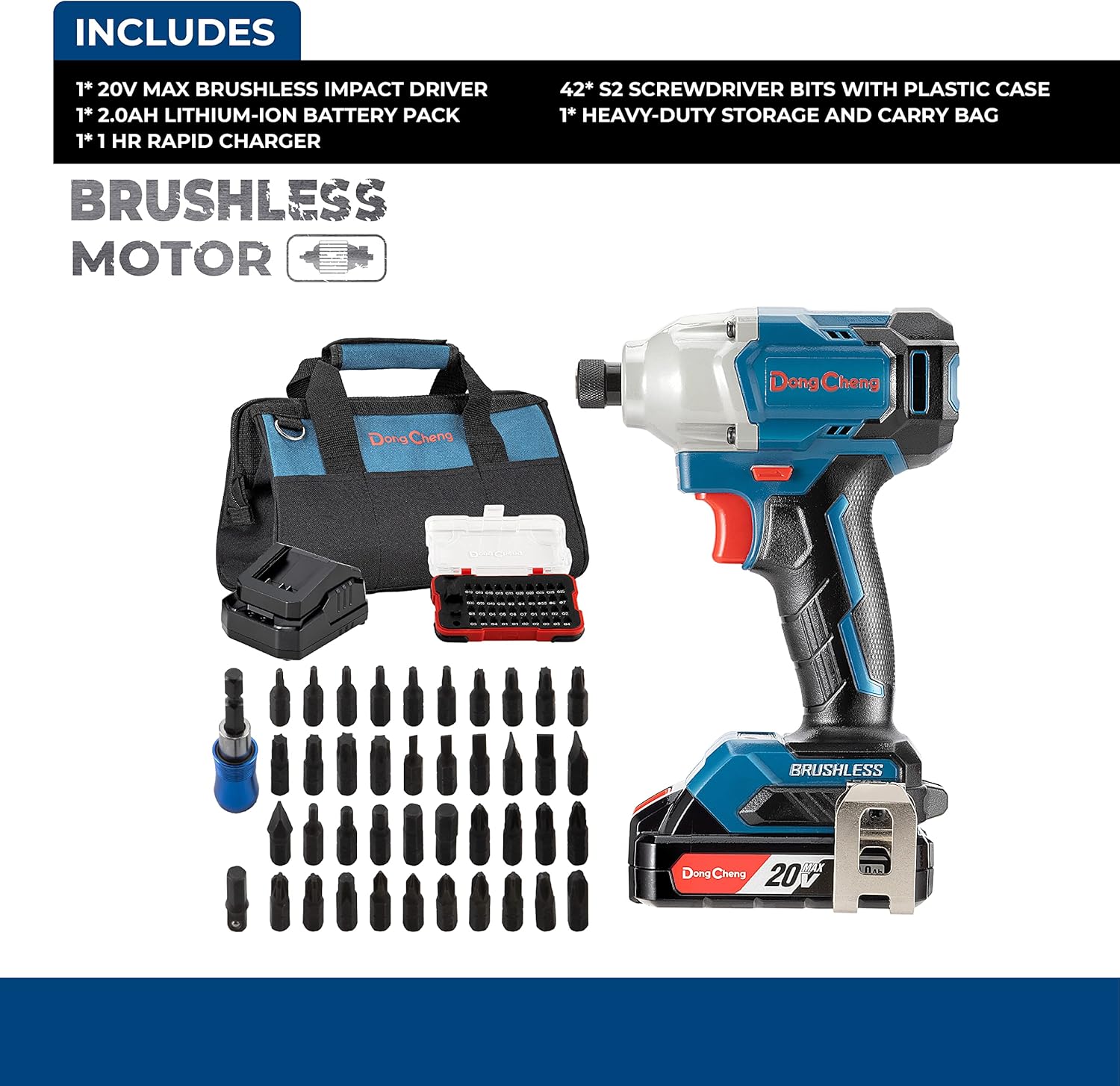DongCheng Brushless Impact Driver Kit 20V Max, 1600 In.lbs,Cordless 1/4 All-Metal Hex Quick-Change Chuck with 42-Piece Accessory Driver Bits, 2.0Ah Li-ion Battery, Rapid Charger, DCPL03-14