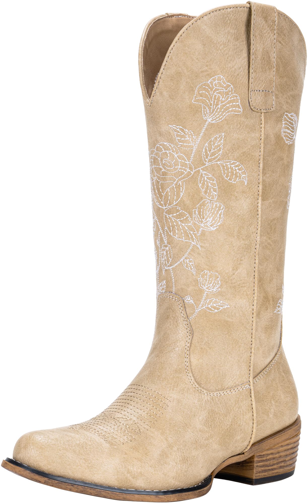 Jeossy Womens Cowboy Mid Calf Boots with Embroidery Flower Low Heel Western Cowgirl 9807 Boots