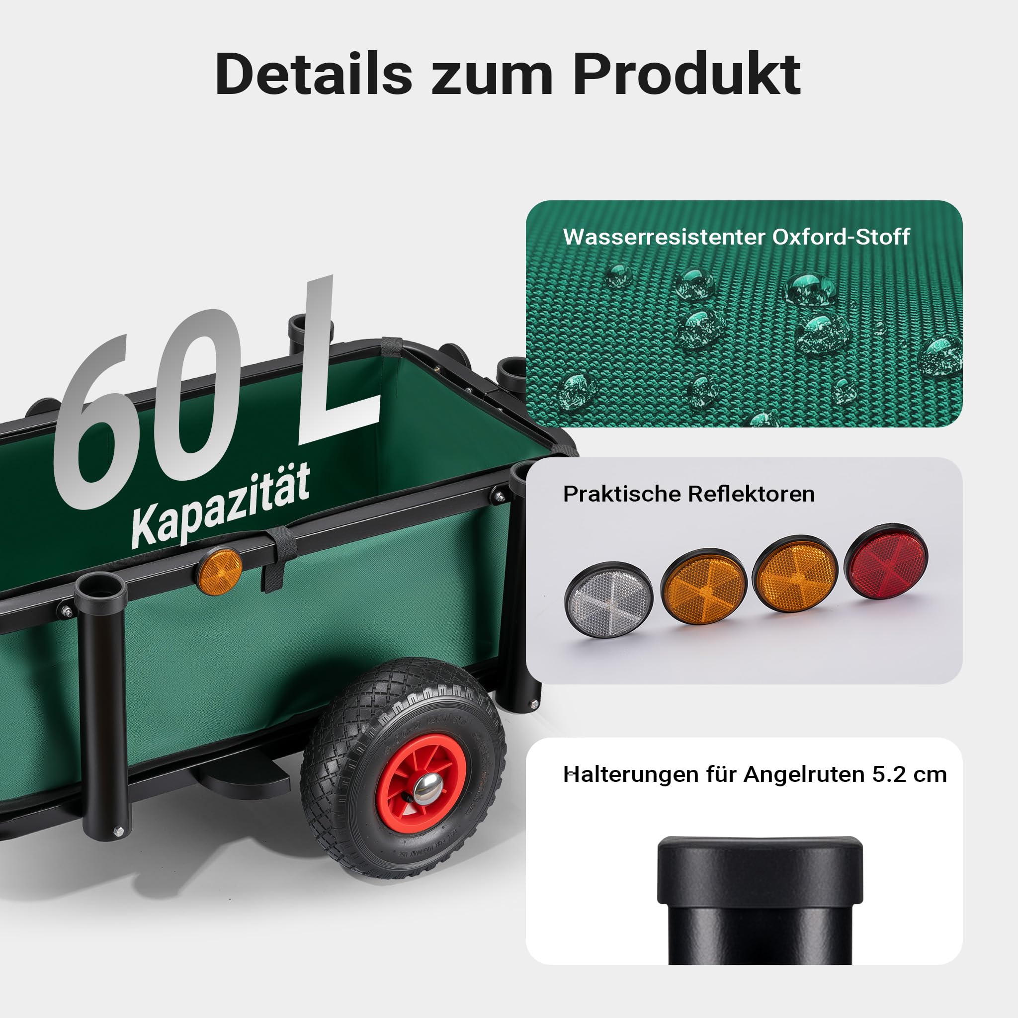 Wiltec Angelwagen mit Tasche, Angel Trolley bis 50 kg, Transportkarre mit 60 l Volumen, Bollerwagen mit Luftreifen, Transportwagen aus Stahl, auch als Lastenanhänger fürs Fahrrad