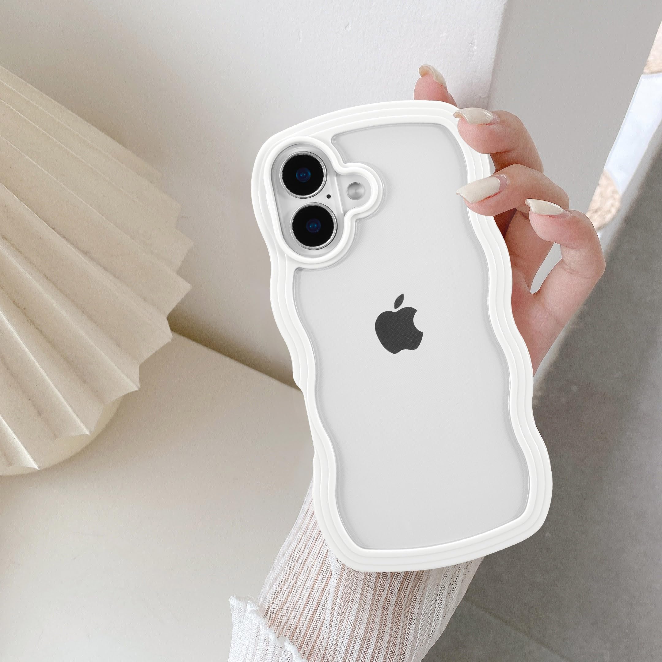 – QLTYPRI Compatible with iPhone 16 Case, Cute Curly Wave Frame Clear Case for Girls Women, Transparent Soft Silicone TPU Bumper Shockproof Protective Cover for iPhone 16 - White
