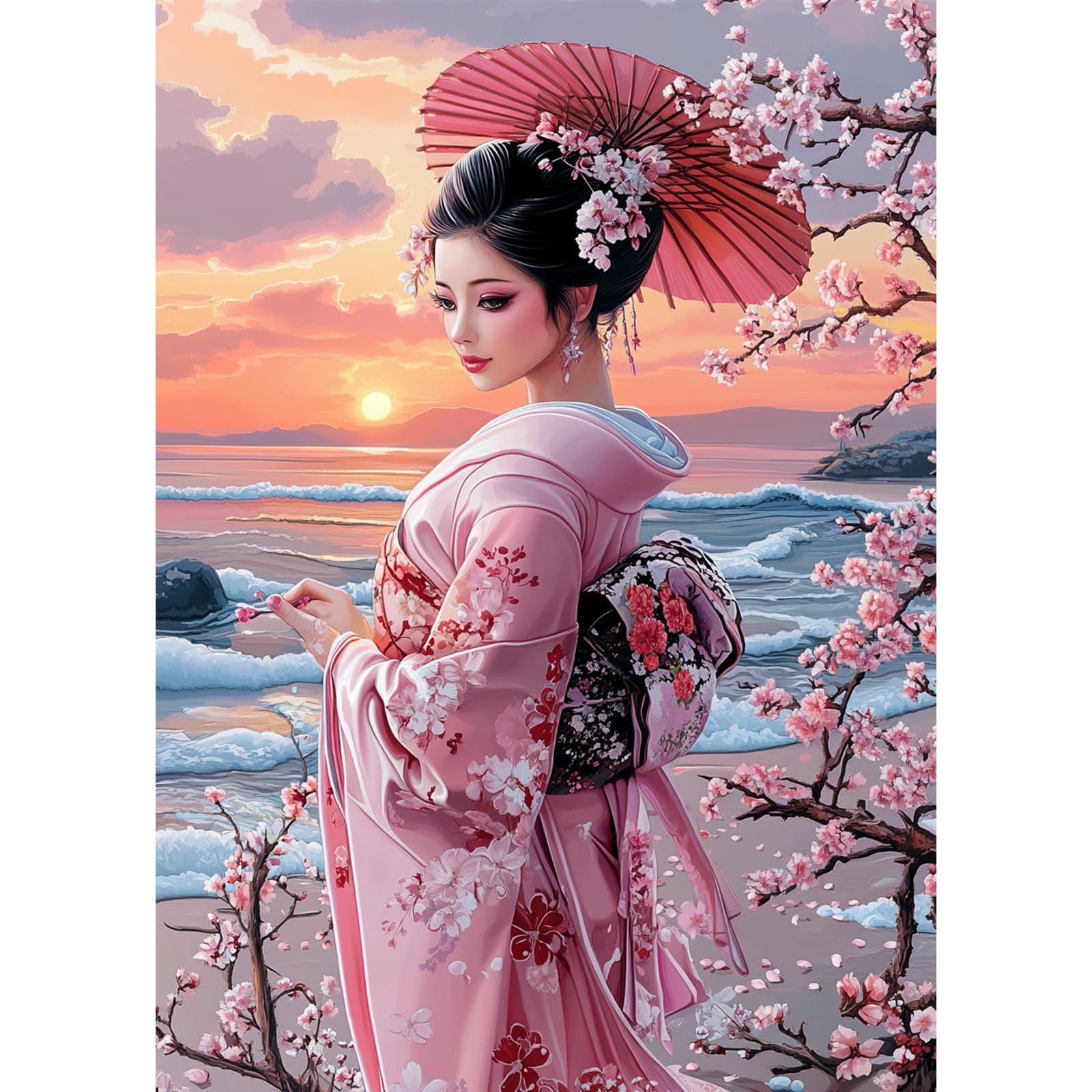 QENSPE Japanese Woman Diamond Art Kits Adults 5d Diamond Painting Cherry Blossoms for Beginners Gem Art Full Round Crystal Canvas Painting DIY Crafts Home Wall Decor 12x16 inch Canvas