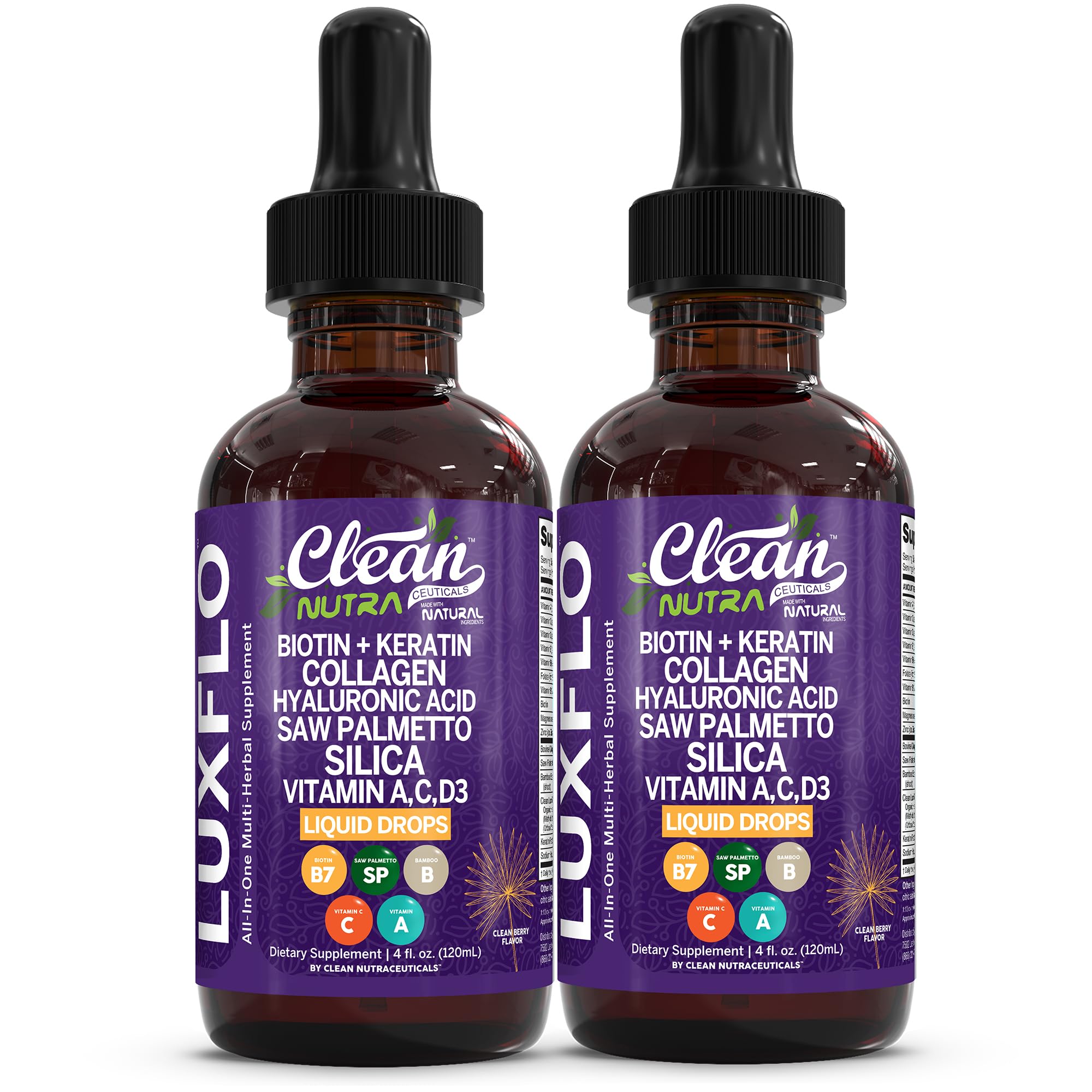 Biotin Liquid Drops Collagen Keratin Hyaluronic Acid Saw Palmetto for Hair Skin and Nails Silica Vitamin A C Vitamin D Bamboo Turmeric Zinc Folate Magnesium Horsetail LuxGlo by Clean Nutra - 2Pack