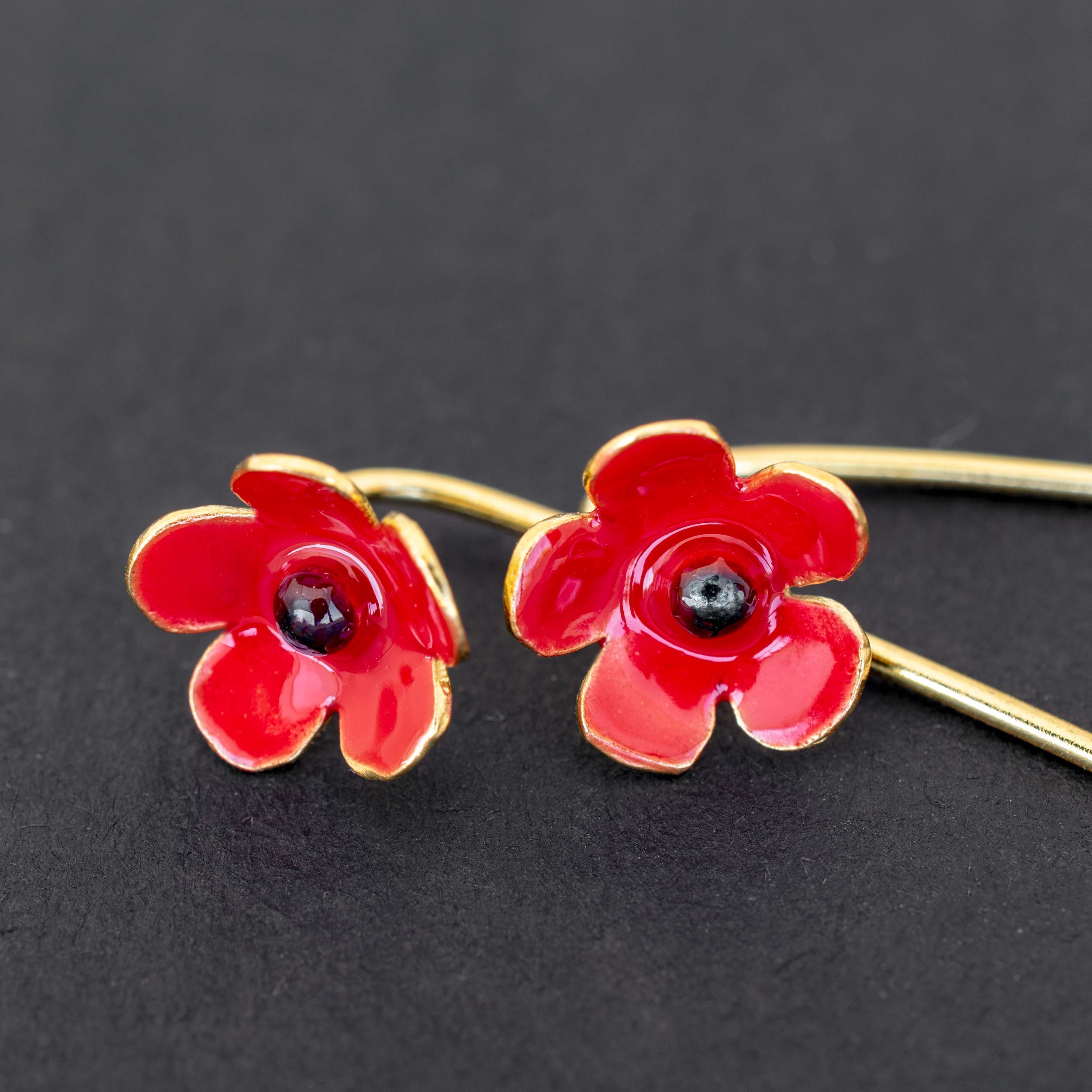 Lange Statement Ohrhänger Ohrringe aus 925 Sterlingsilber - Mohnblumen mit Roter Emaille - Nickelfrei & Hypoallergen - Handmade by Emmanuela